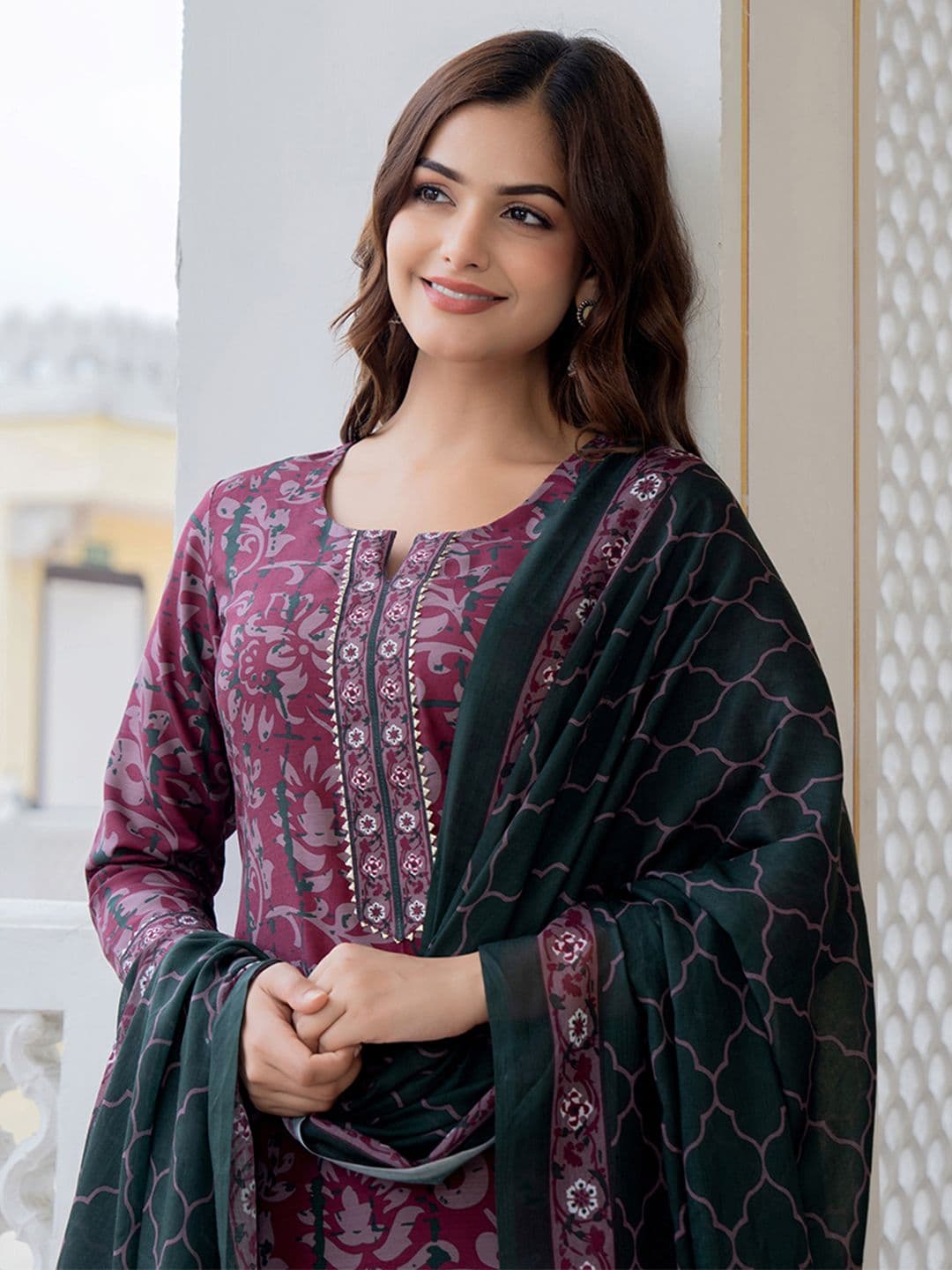KALINI Floral Printed Notch Neck Straight Kurta With Trousers & Dupatta - view 1