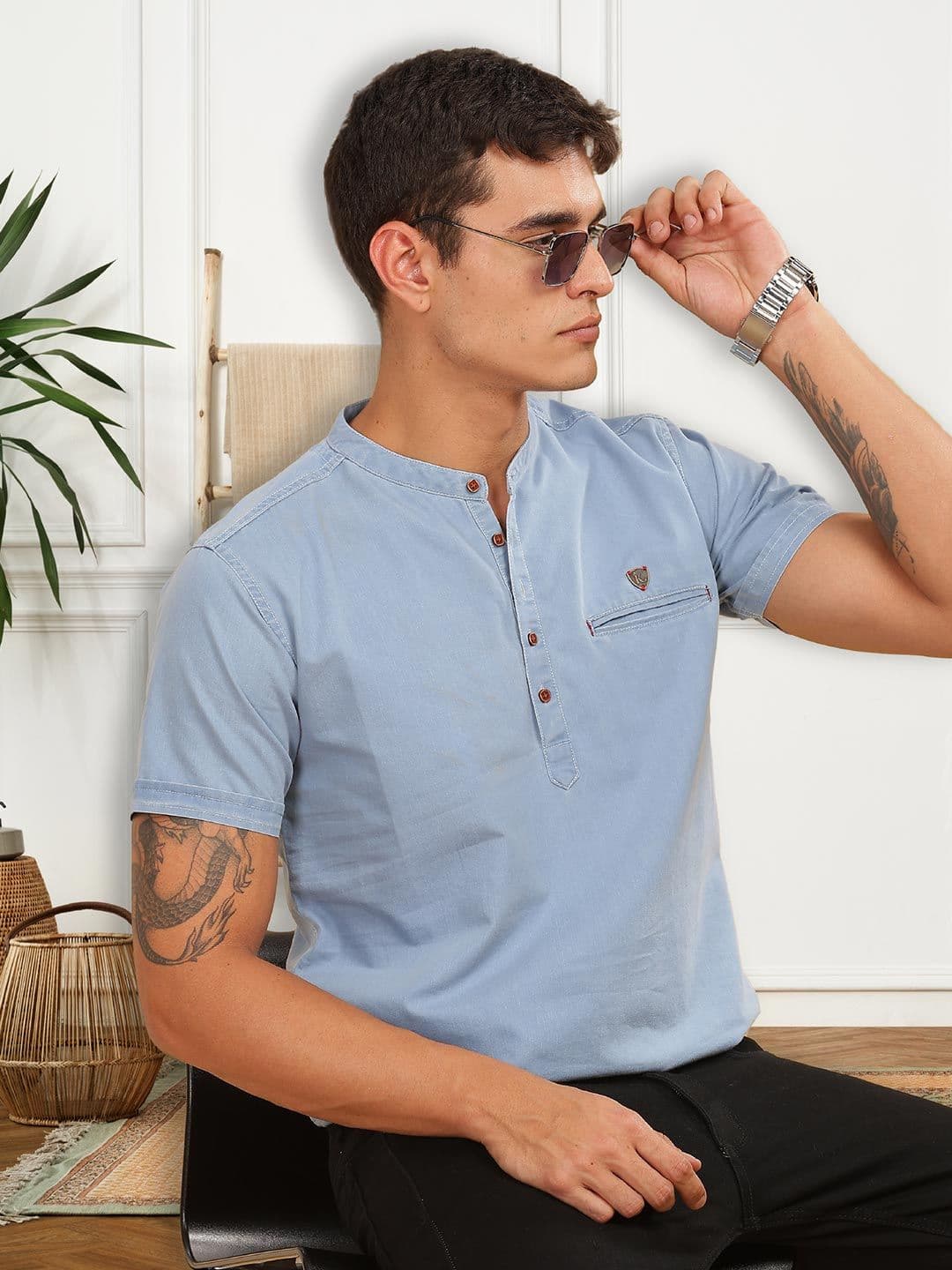 Kuons Avenue Band Collar Denim Straight Short Kurta - view 1