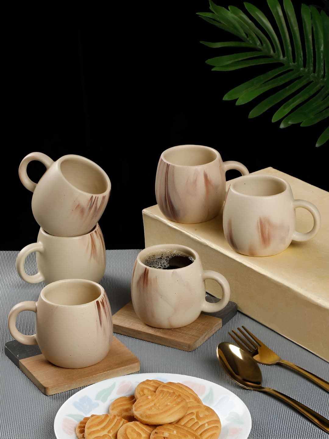 Arrabi Cream Abstract Ceramic Handmade 6 Piece Cups-120ml - view 1