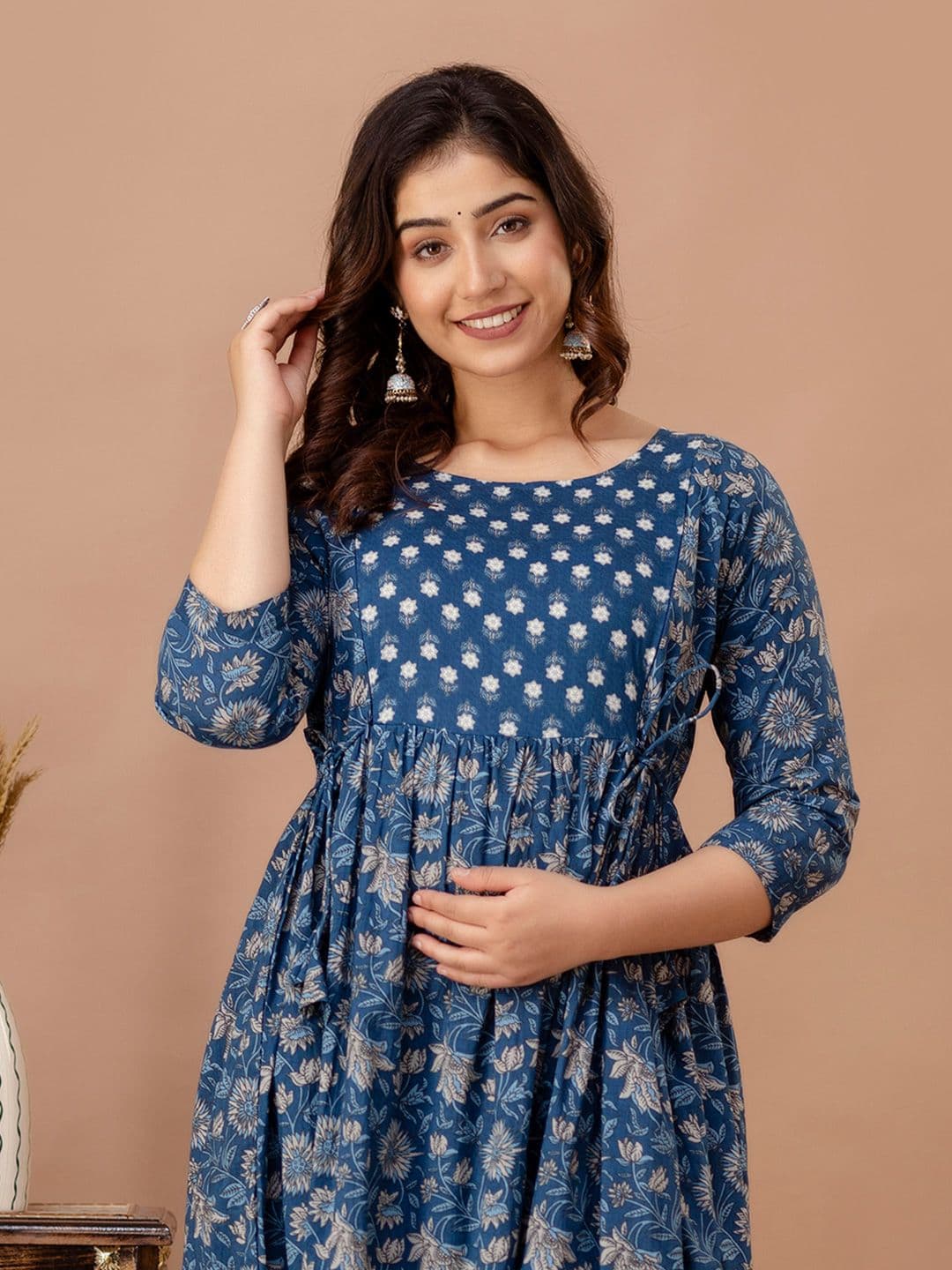 MURLI KURTI Floral Printed Round Neck Gotta Patti Fit and Flare Maternity Ethnic Dress - view 1