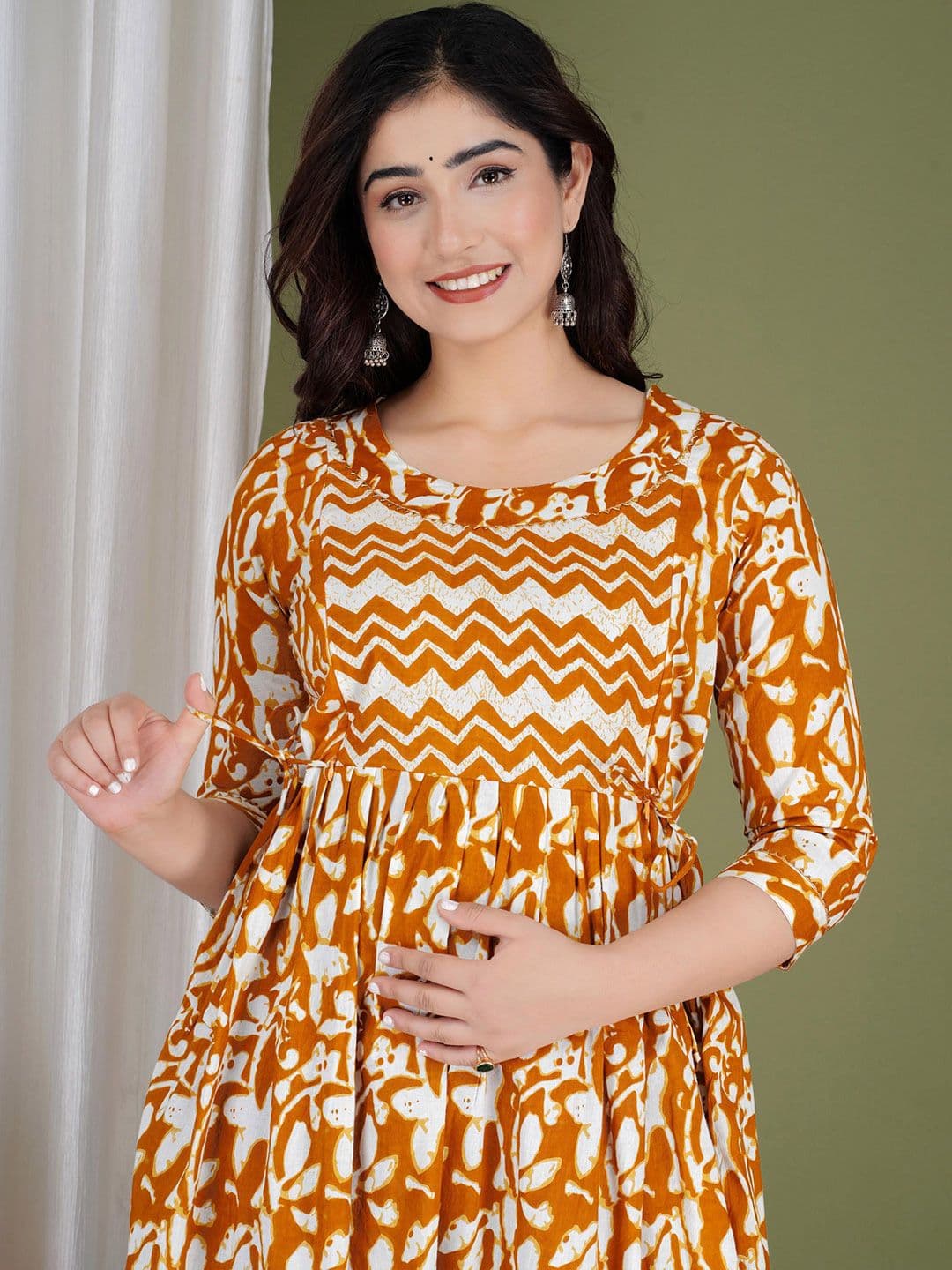 MURLI KURTI Floral Printed Round Neck Cotton Fit & Flare Maternity Midi Dress - view 1