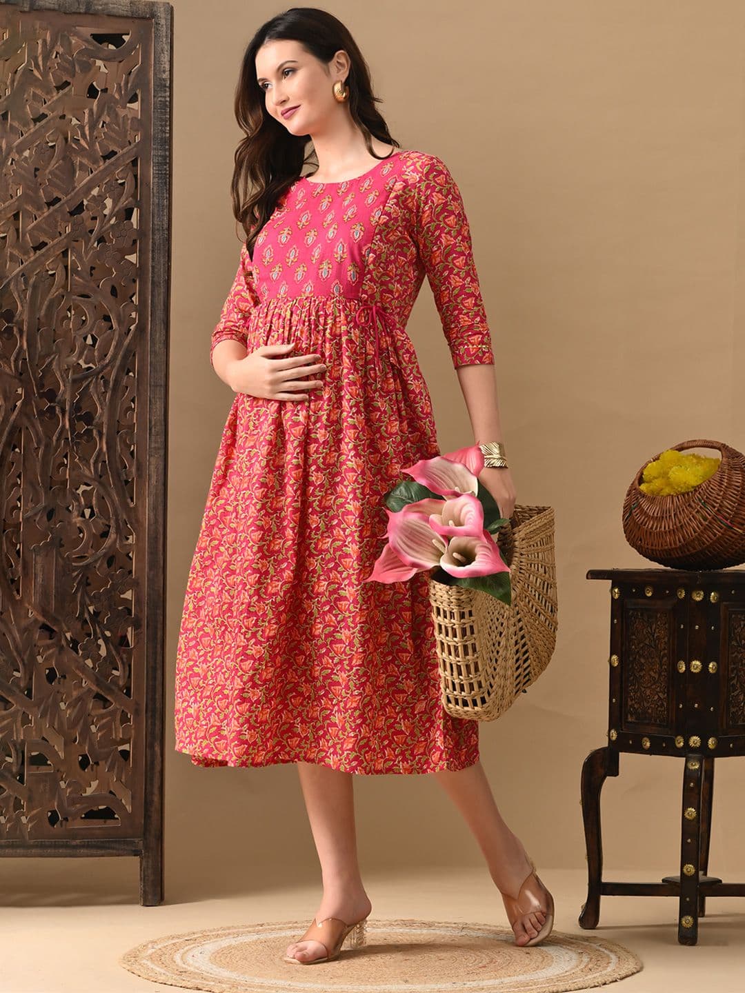 MURLI KURTI Floral Printed Gathered or Pleated Cotton A-Line Ethnic Dress - view 1