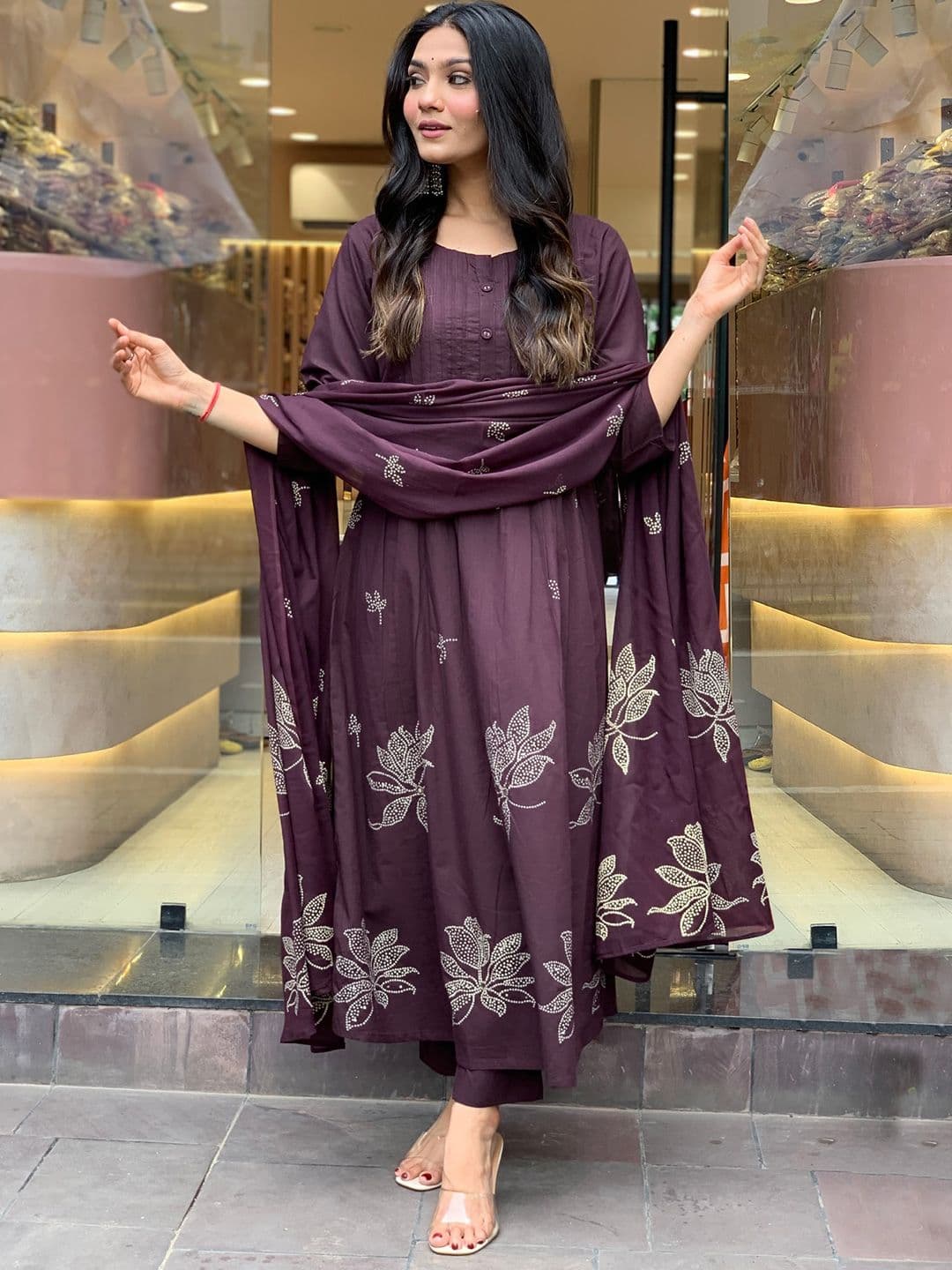 GoSriKi Floral Printed Round Neck Anarkali Kurta With Trousers & Dupatta - view 1
