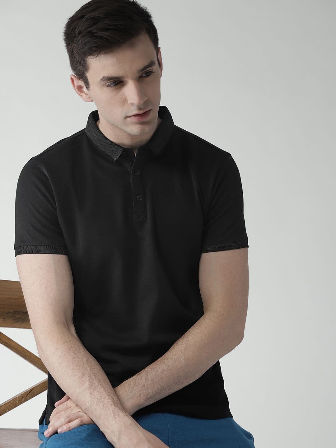 Mast & Harbour Men Black Solid Polo Collar T-shirt - view 1