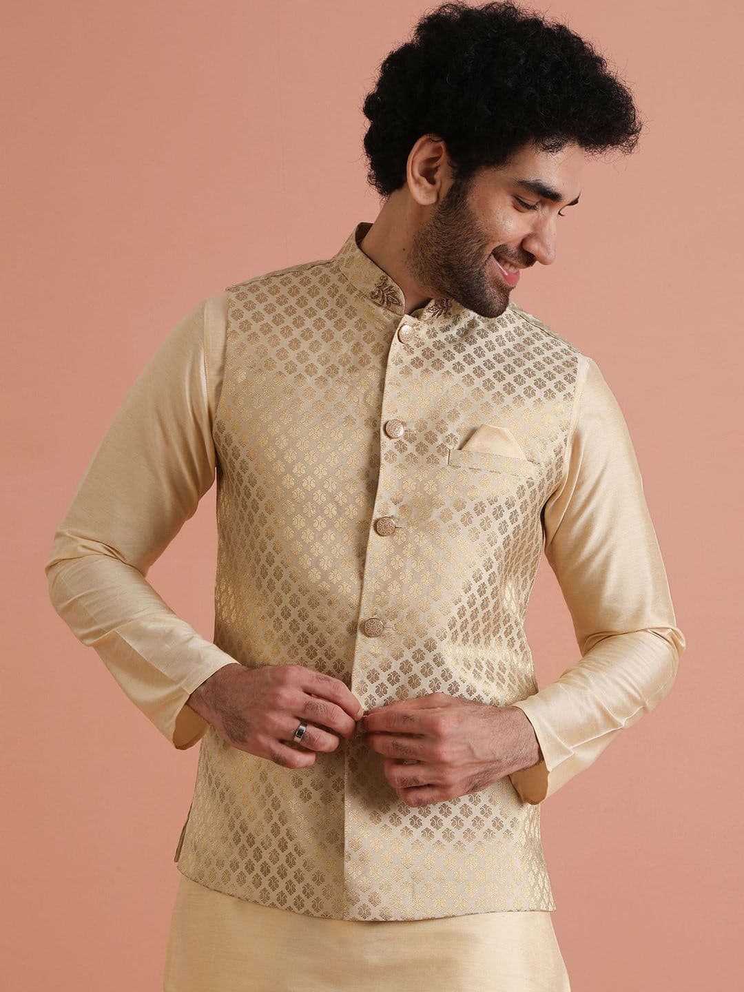 KISAH Men Jacquard Regular Fit Ethnic Motifs Nehru Jacket - view 1