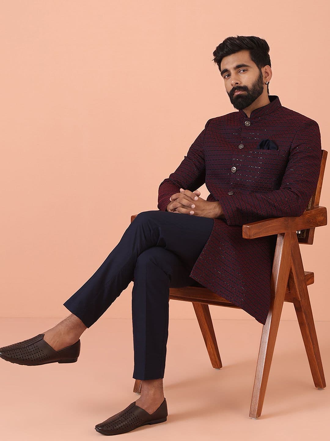 KISAH Men Jacquard Regular Fit Sequinned Indowestern Sherwani Trouser Set - view 1