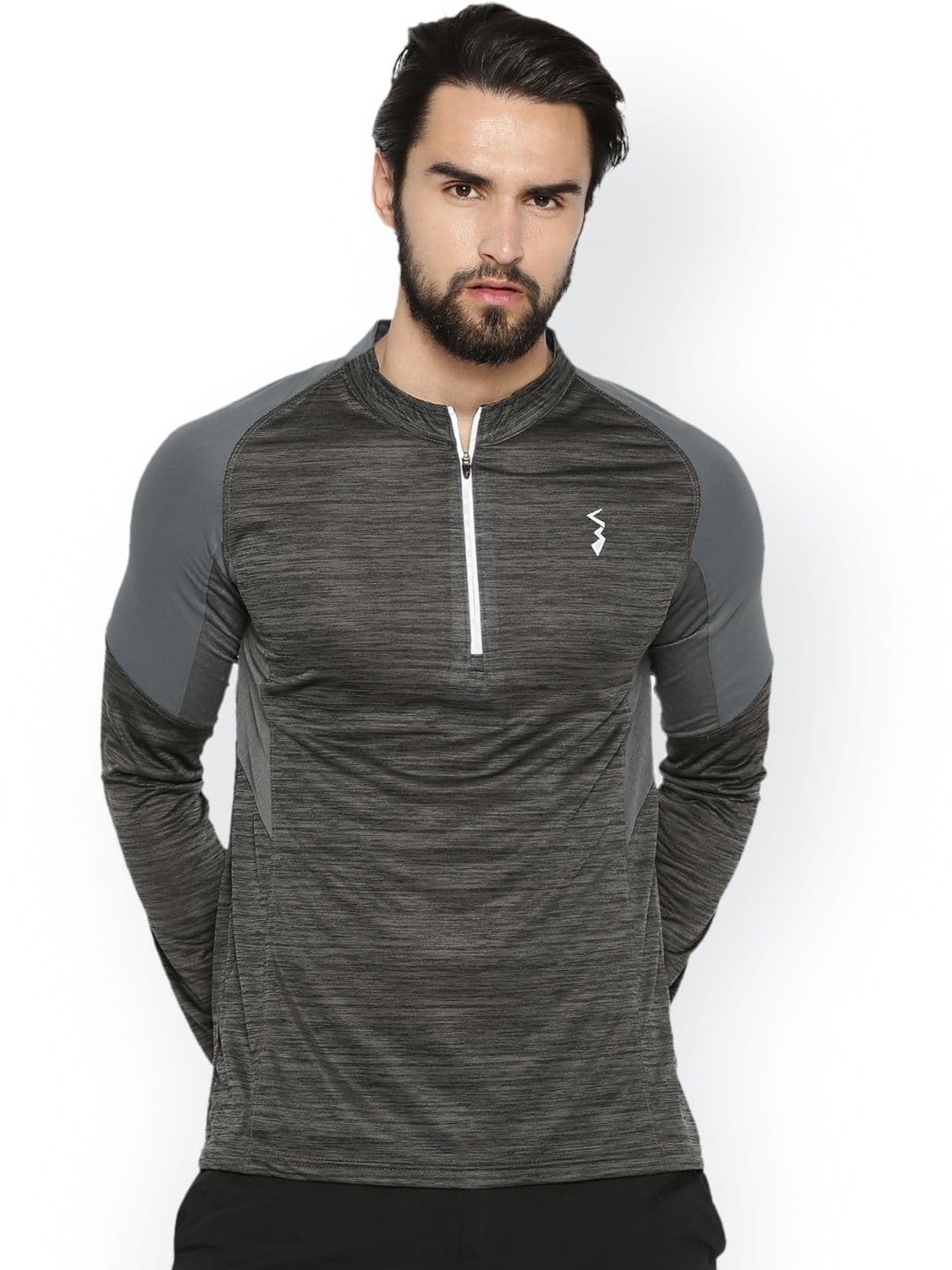 CAHOOT Men Charcoal Solid Mandarin Collar Sports T-shirt - view 1