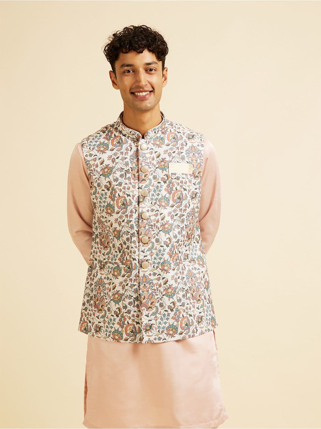Manyavar Men Floral Printed Woven Nehru Jacket - view 1