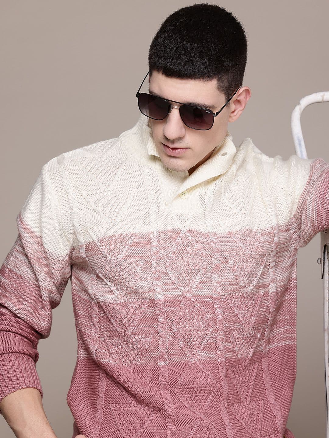 Roadster Men Cable Knit Colourblocked Pullover - view 1