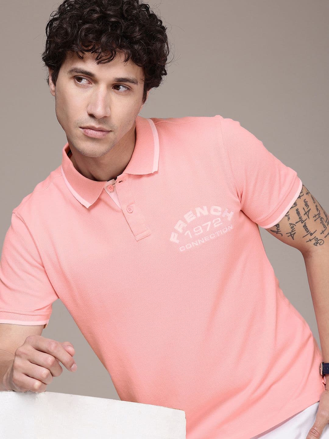 French Connection Brand Logo Printed Polo Collar Bio Finish T-shirt - view 1