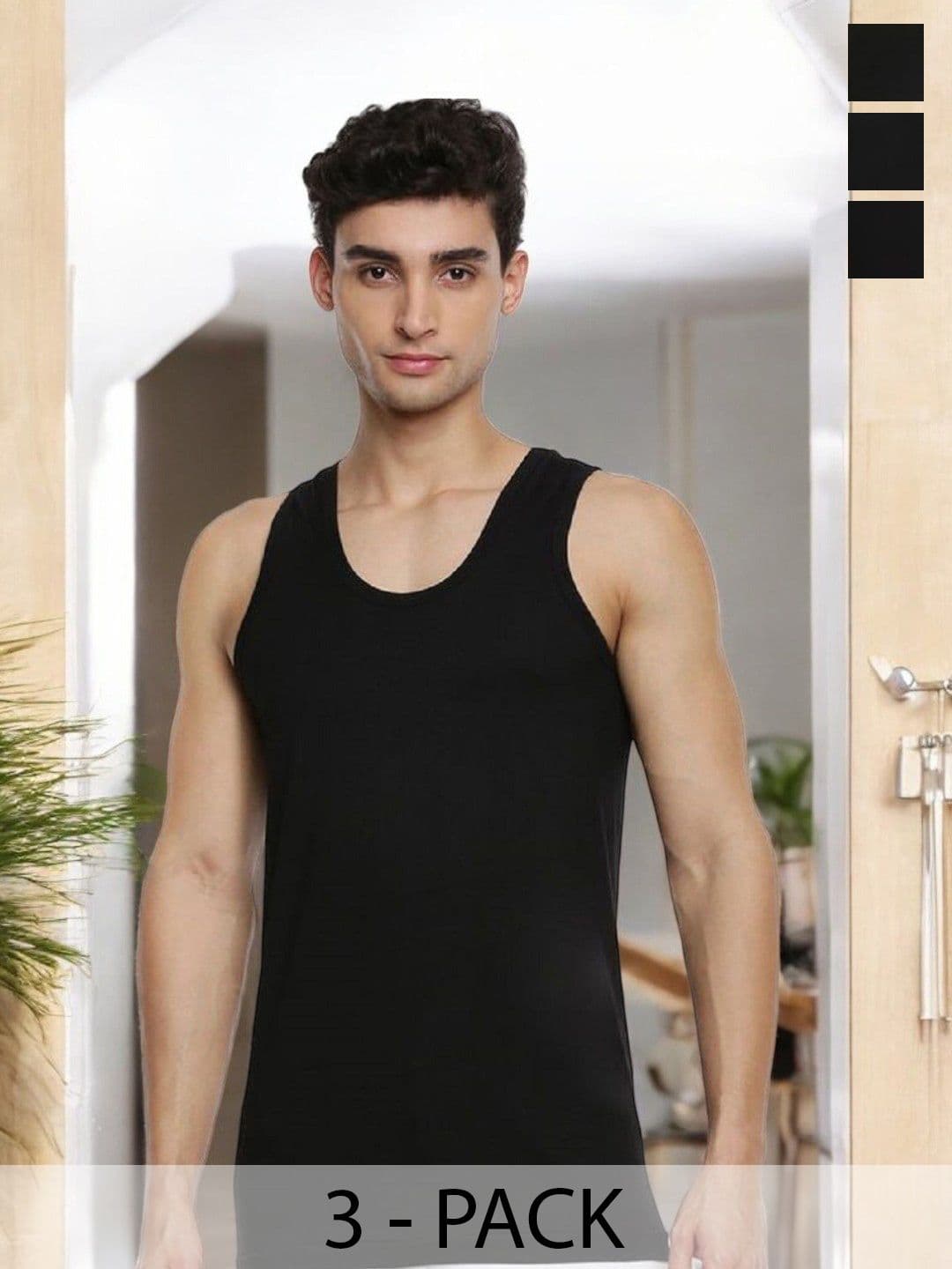 Ramraj Pack of 3 Men Black Scoop Neck Sleeveless Cotton Innerwear Vest - view 1