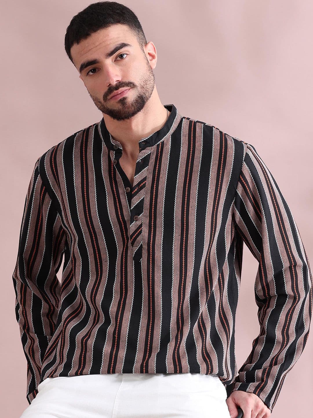 FILORI STUDIO Men Striped Woven Design Mandarin Collar Pure Cotton Short Kurta - view 1