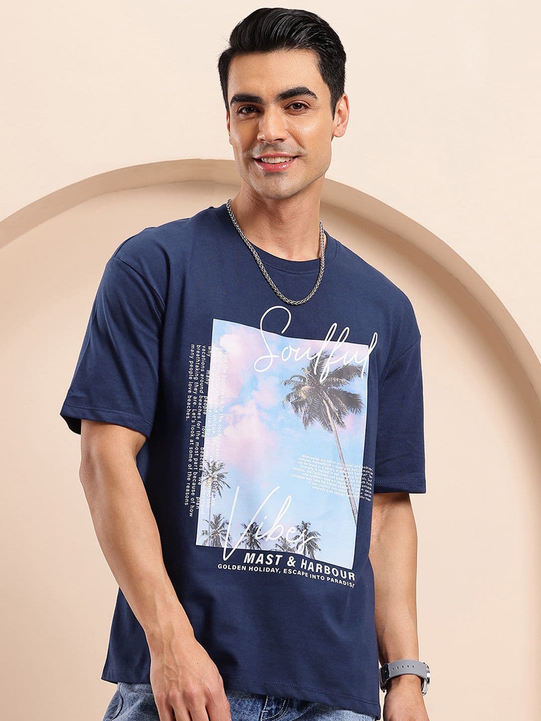 Mast & Harbour Printed Drop-Shoulder Sleeves Relaxed T-shirt - view 1