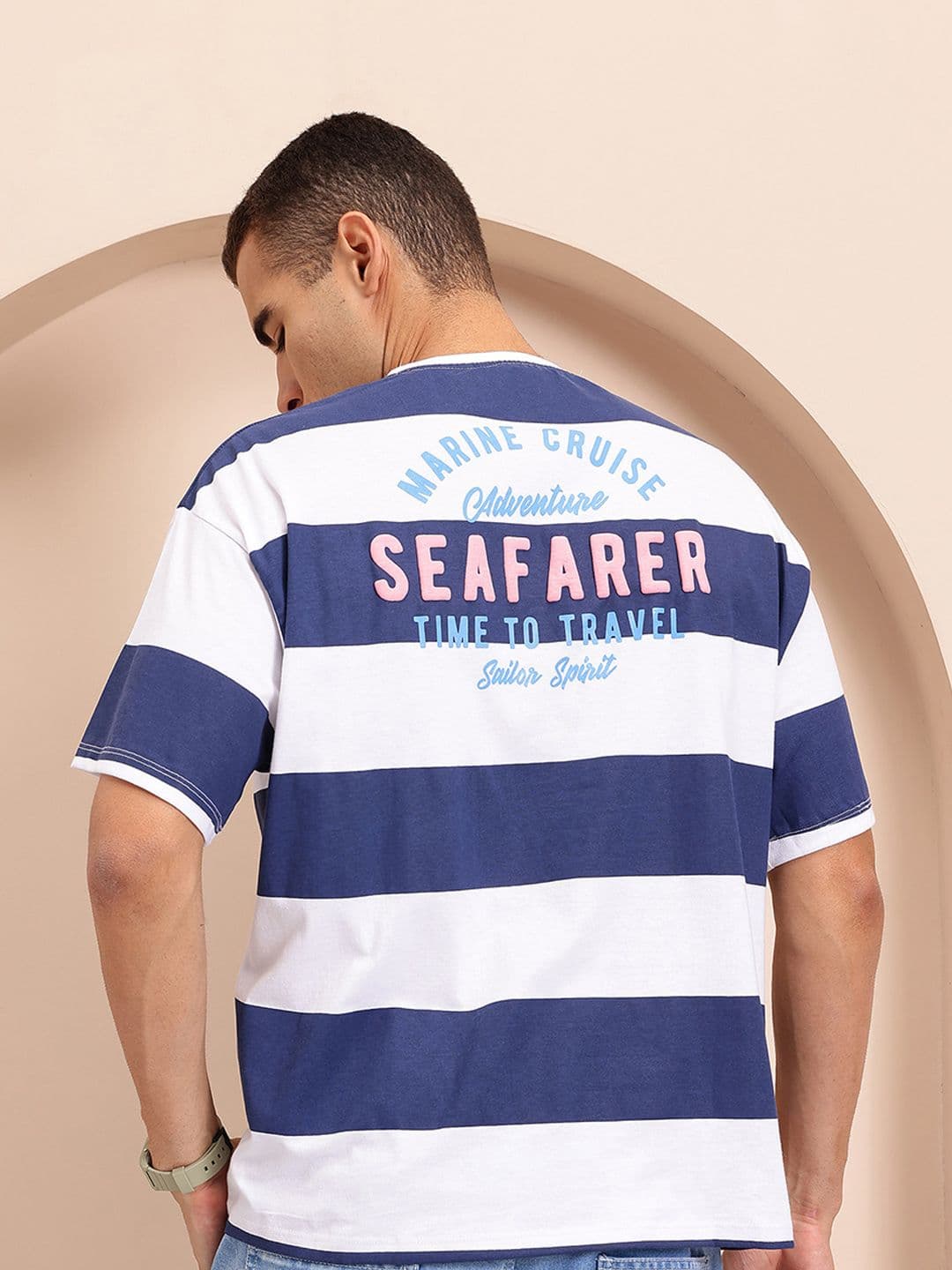 Mast & Harbour Striped Typography Printed Drop-Shoulder Sleeves Relaxed Fit T-shirt - view 1