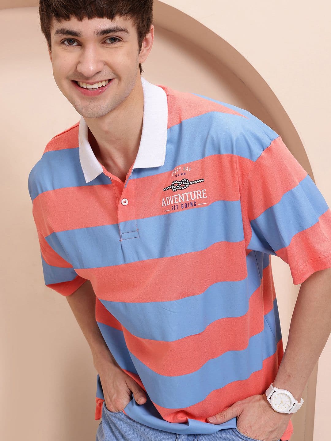 Mast & Harbour Striped Polo Collar Drop-Shoulder Sleeves T-shirt - view 1