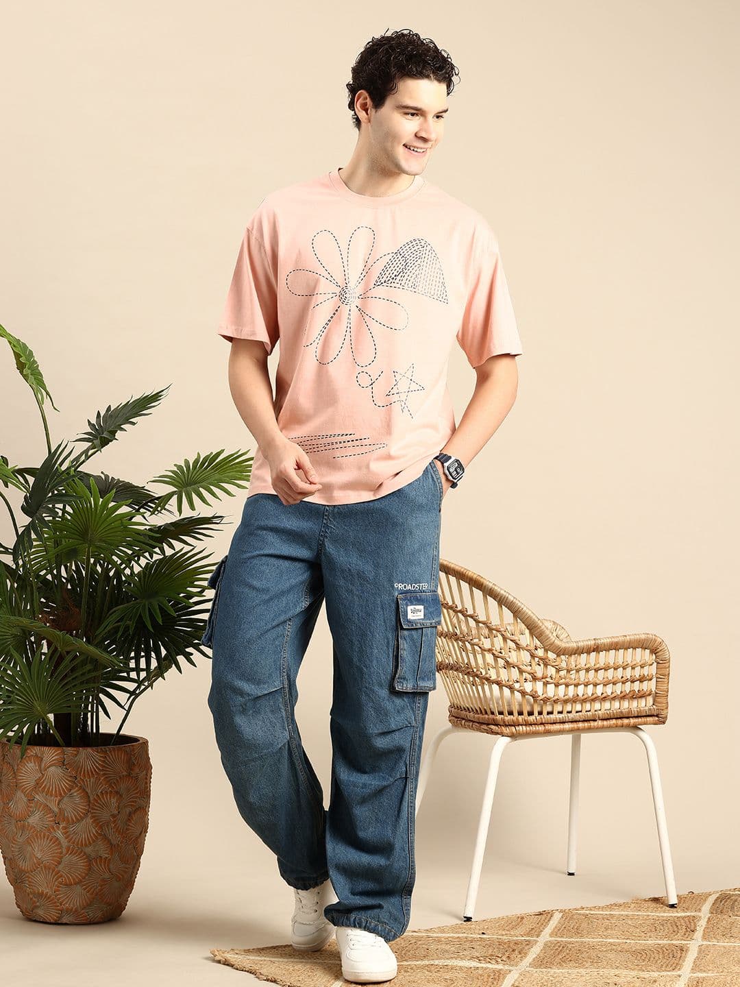 Mast & Harbour Printed Drop-Shoulder Sleeves Pure Cotton Relaxed Fit T-shirt - view 1