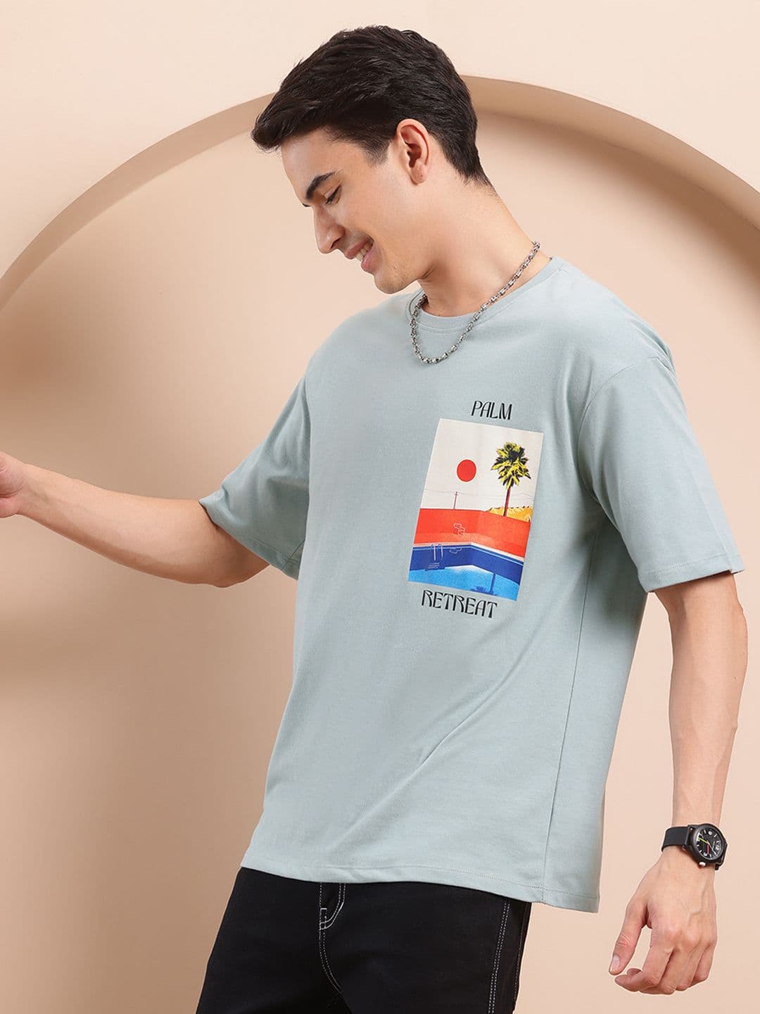 Mast & Harbour Printed Drop-Shoulder Sleeves Relaxed T-shirt - view 1