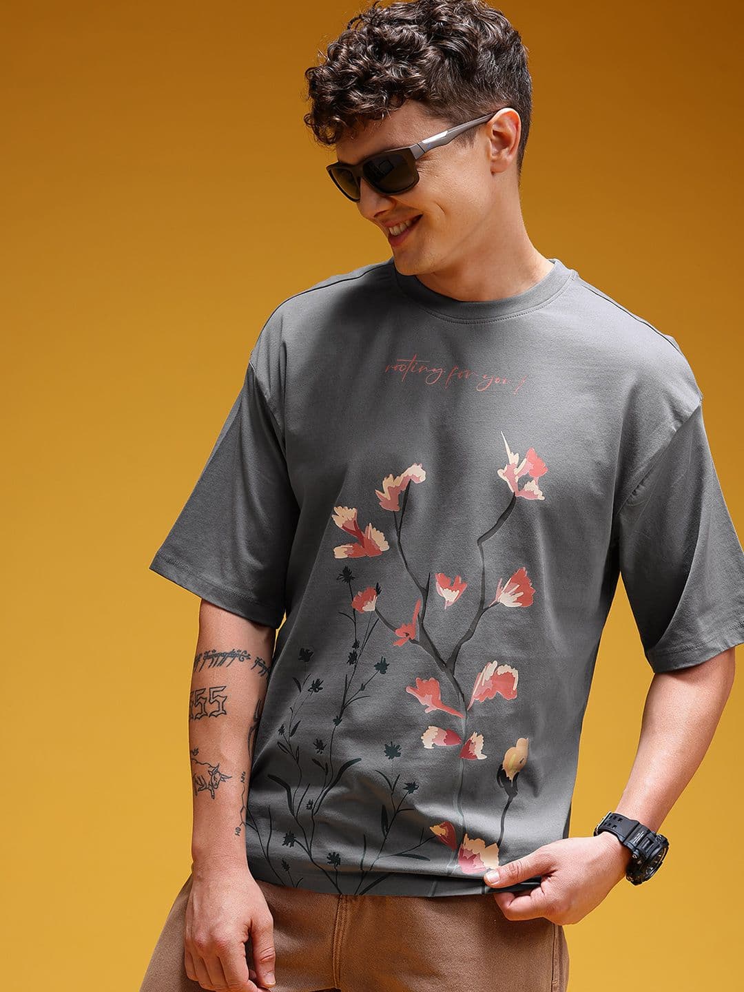 HERE&NOW Floral Printed Drop-Shoulder Sleeves Relaxed Fit T-shirt - view 1