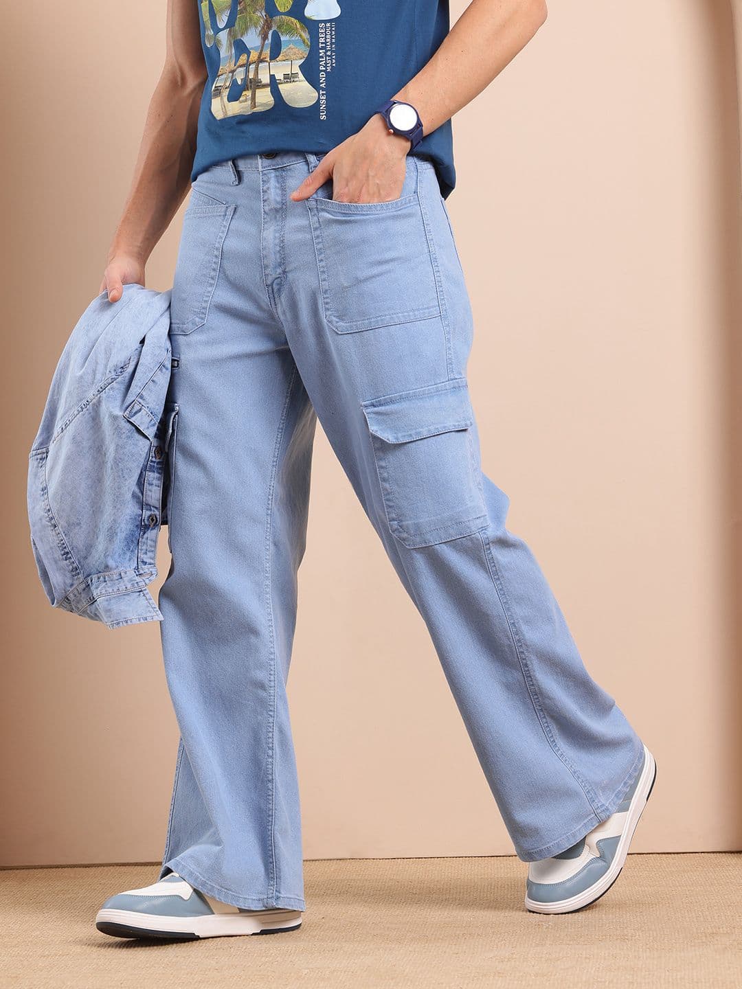 Mast & Harbour Men Straight Fit Stretchable Flared Cargo Style Jeans - view 1