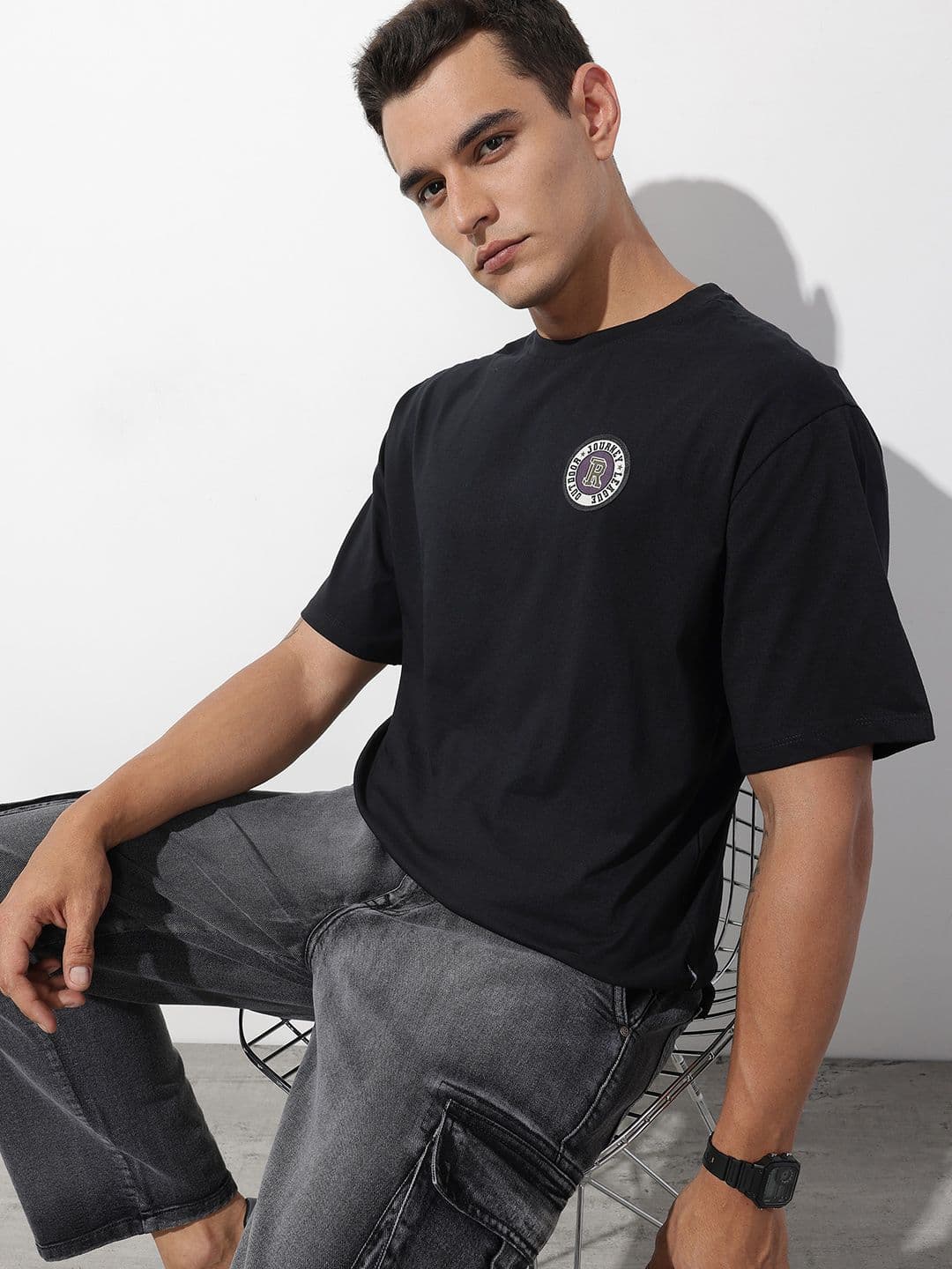 The Roadster Life Co. Drop-Shoulder Sleeves Applique Pure Cotton Relaxed Fit T-shirt - view 1