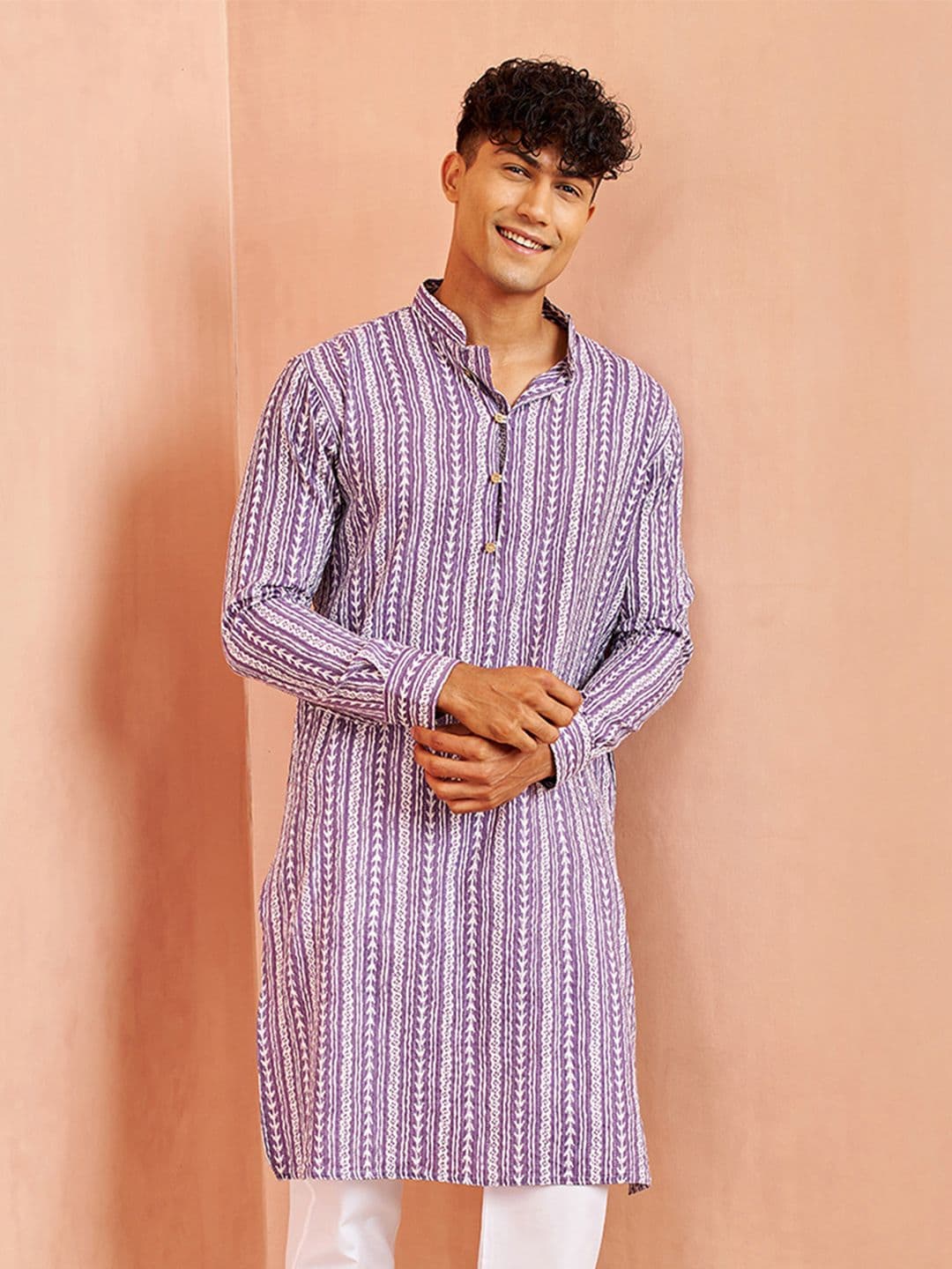 VASTRAMAY Men Purple Cotton Aztec Printed Jacquard Straight Kurta - view 1