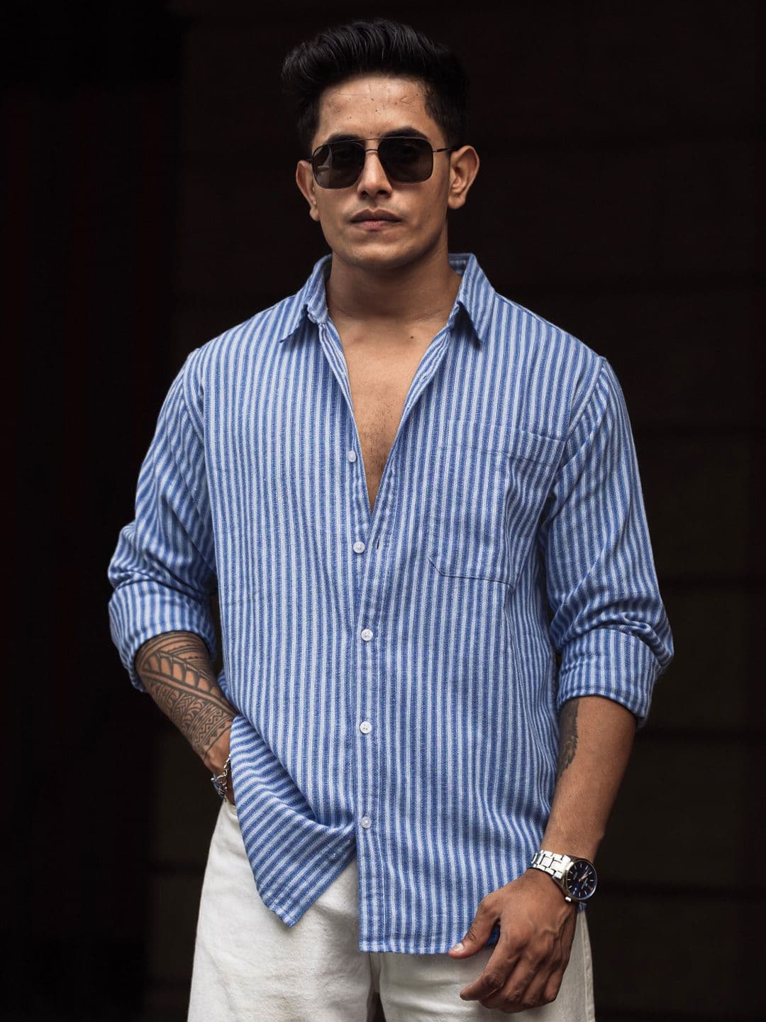 Powerlook Men Spread Collar Vertical Striped Cotton Casual Shirt - view 1