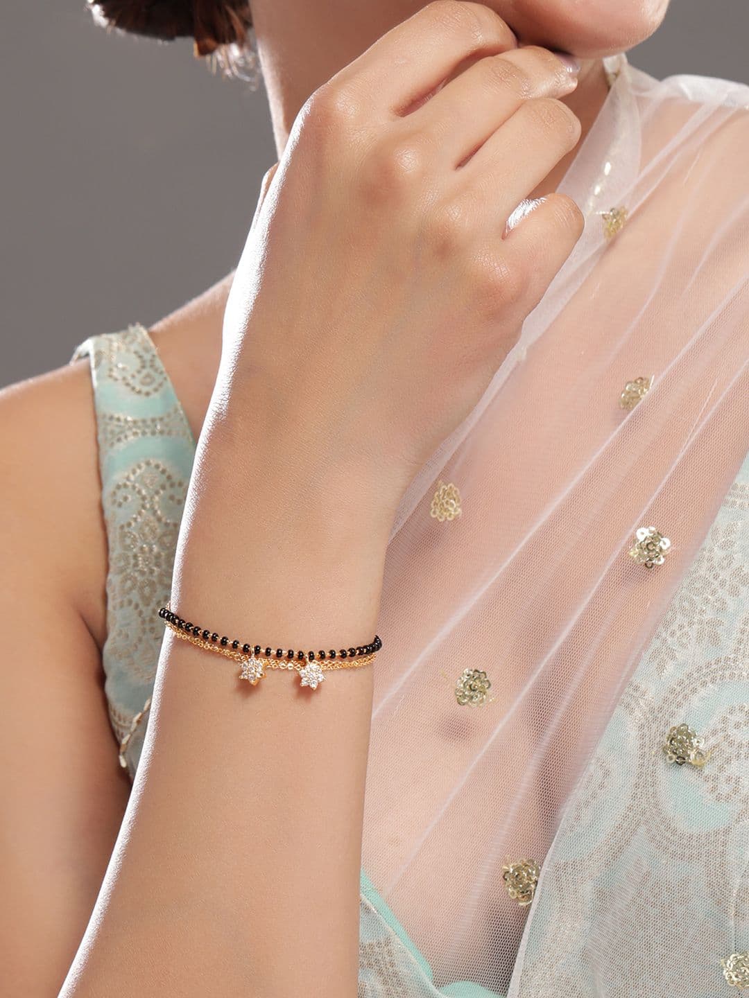 Rubans 18K Gold-Plated Zirconia Drops with Black & Gold Beaded Mangalsutra Bracelet - view 1