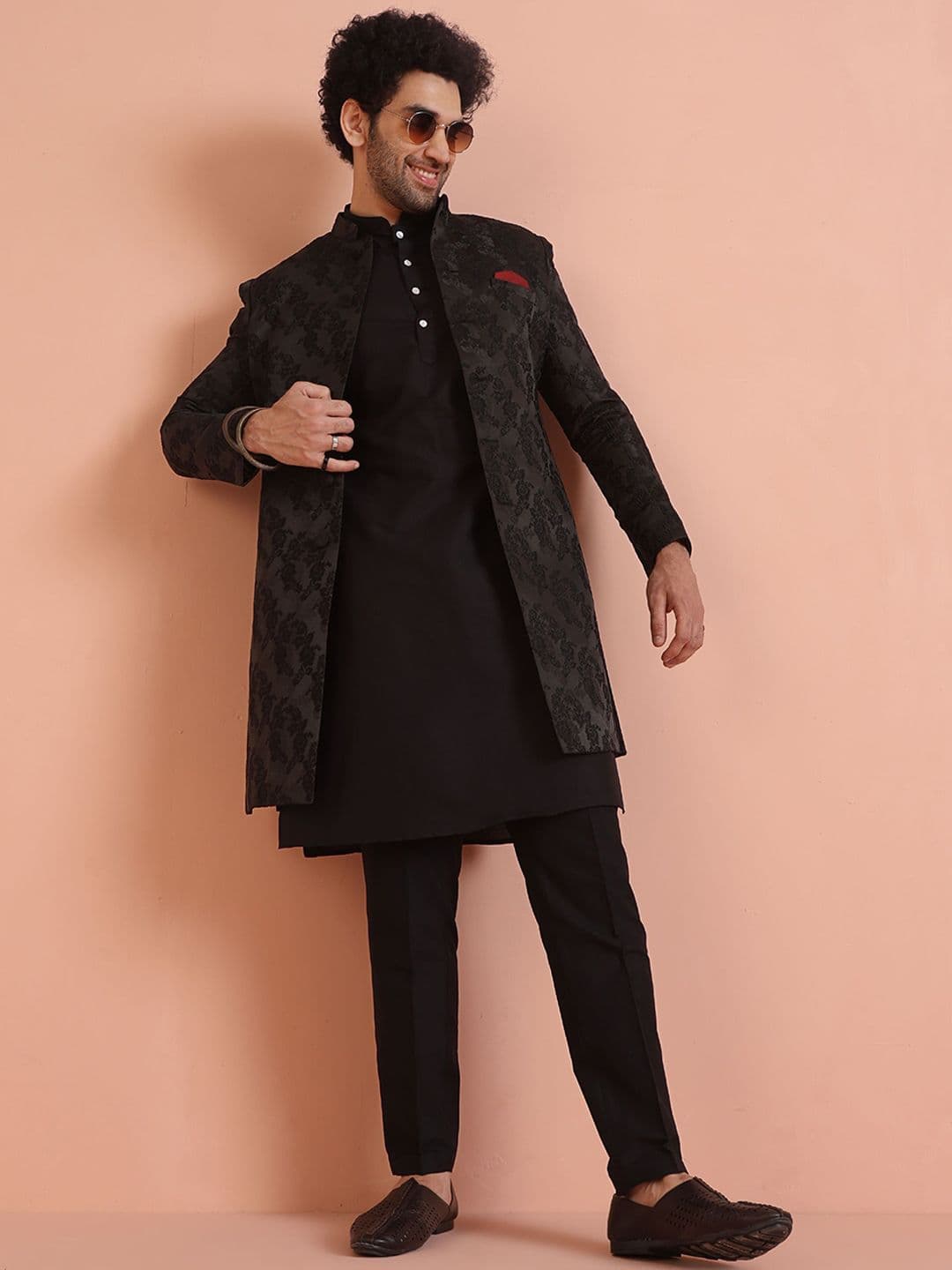 KISAH Men Embroidered Mandarin Collar Indo Western Sherwani Set - view 1