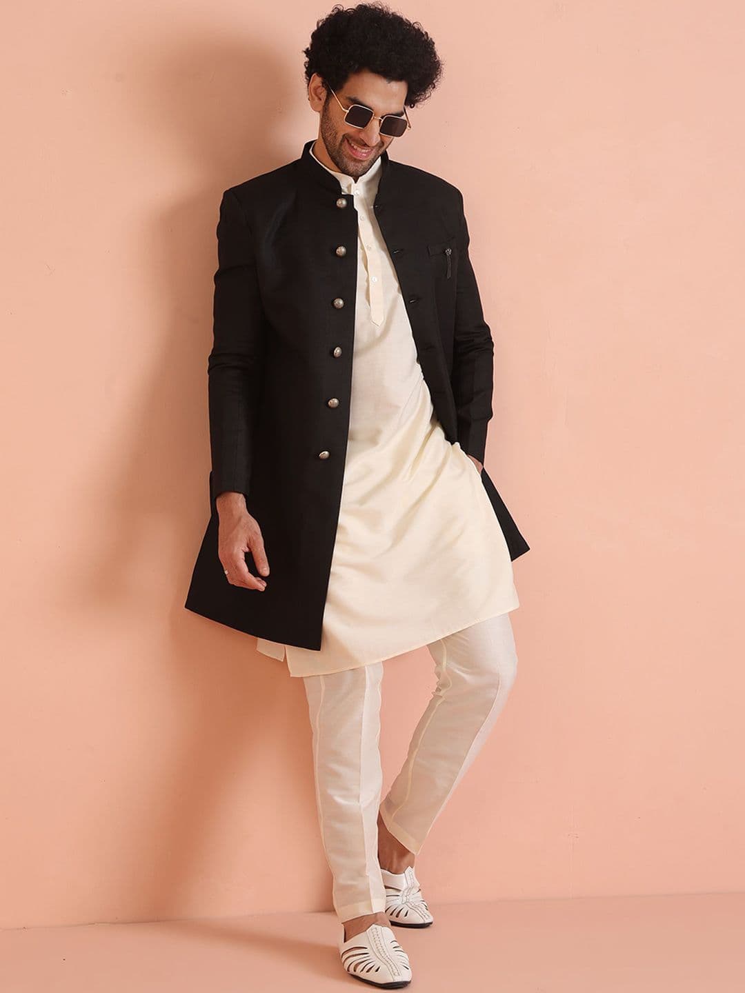 KISAH Mandarin Collar Indowestern Silk Sherwani Churidar Set - view 1