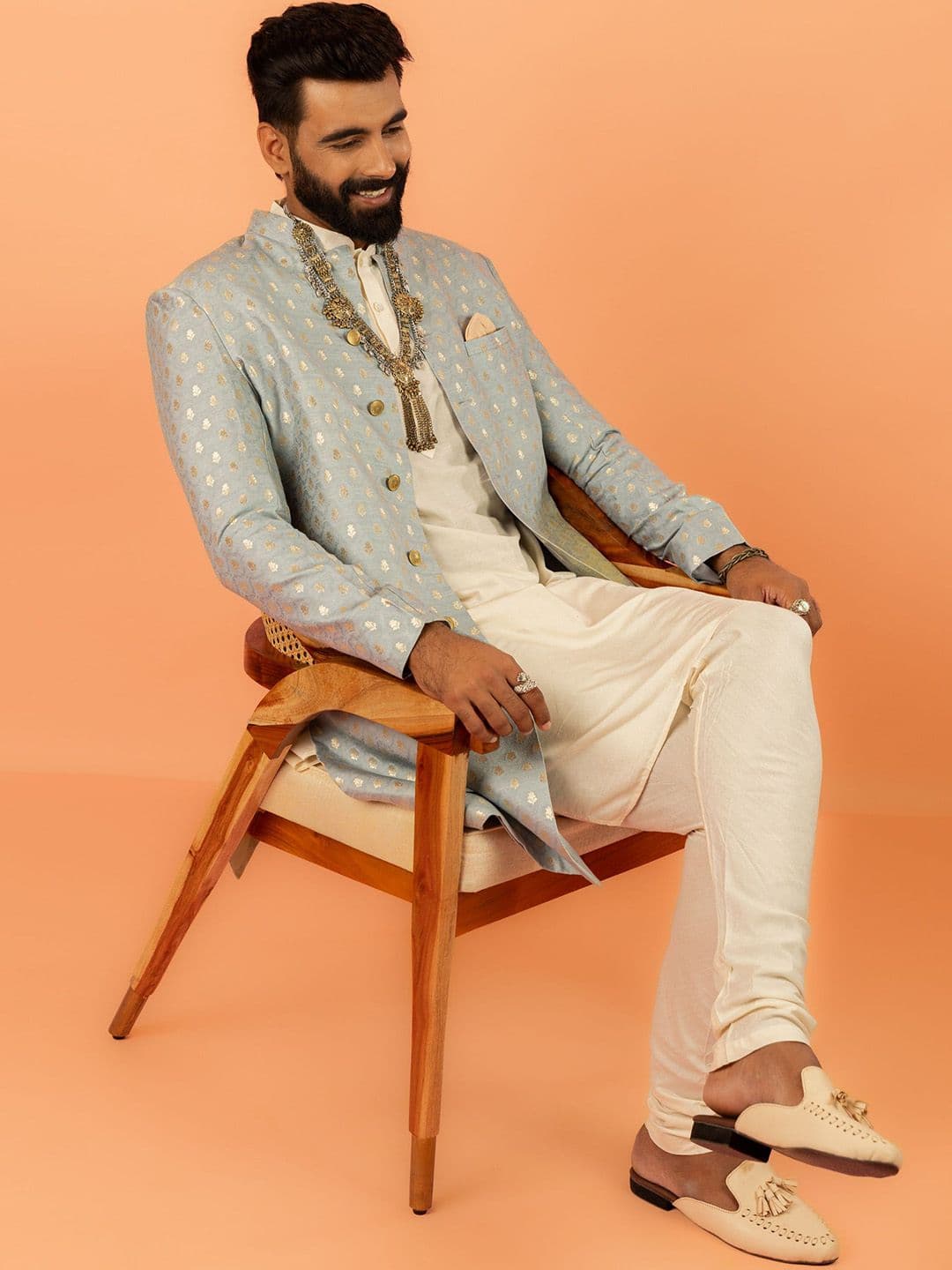 KISAH Self Design Mandarin Collar Indowestern Sherwani Churidar Set - view 1
