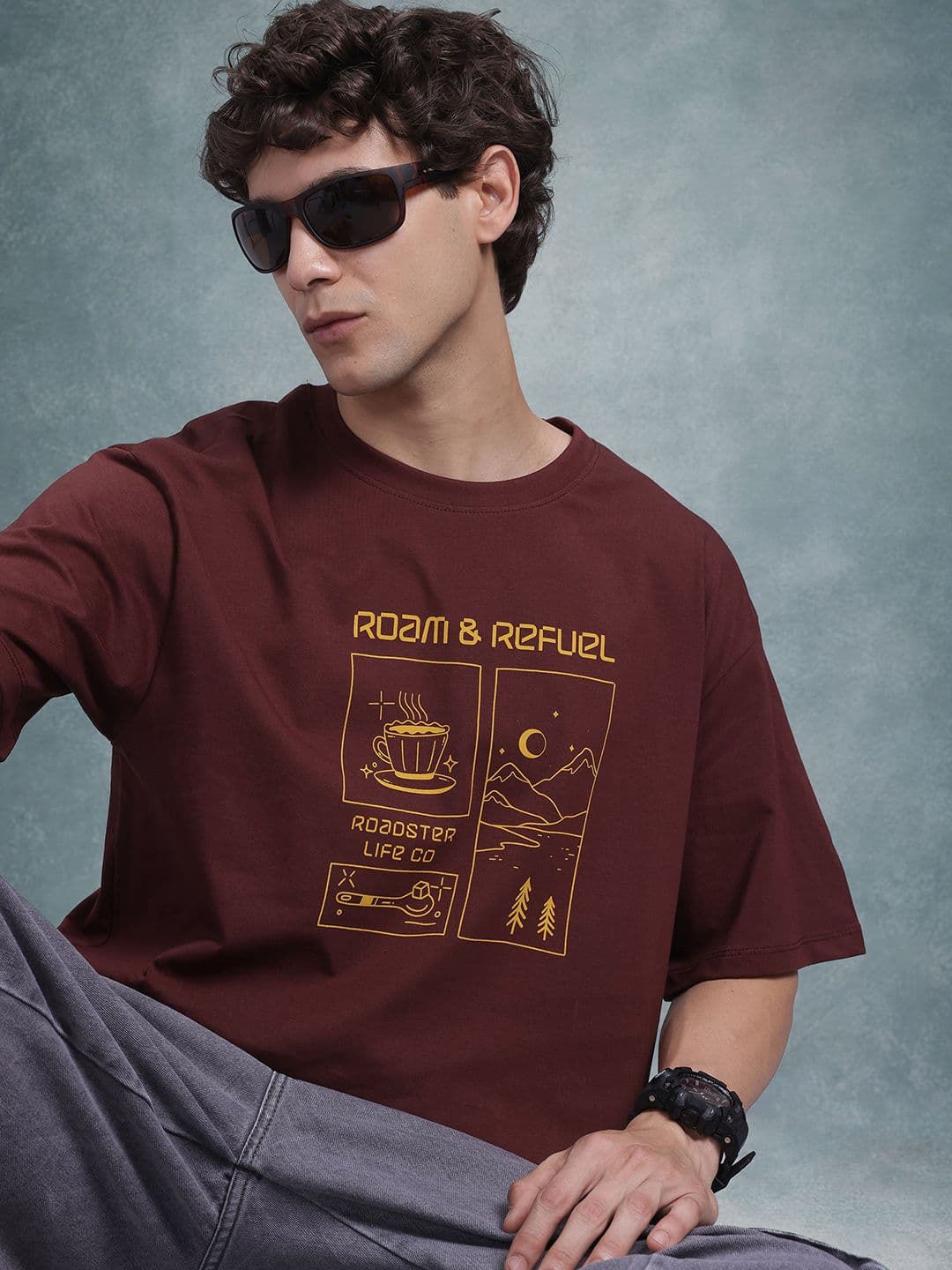 The Roadster Life Co. Typography Print Drop-Shoulder Sleeves Pure Cotton Relaxed Fit T-shirt - view 1