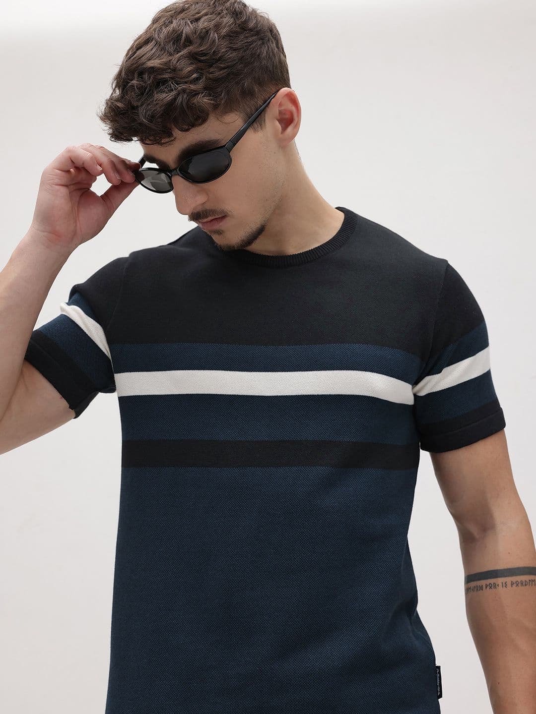 The Roadster Life Co. Horizontally Self-Striped Pure Cotton Knitted T-shirt - view 1