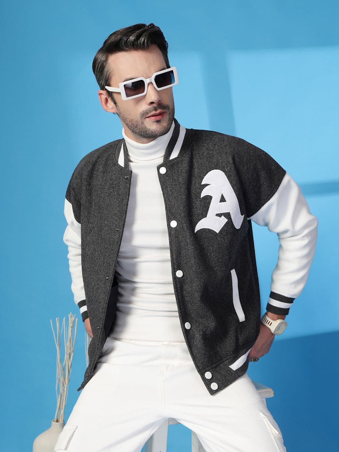 CHKOKKO Men Stand Collar Typography Printed Fleece Casual Varsity Jacket - view 1