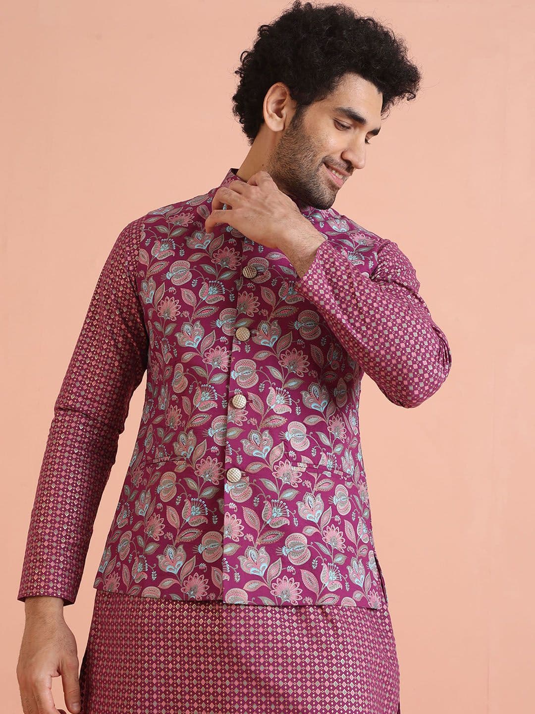 KISAH Men Mandarin Collar Printed Woven Nehru Jacket - view 1