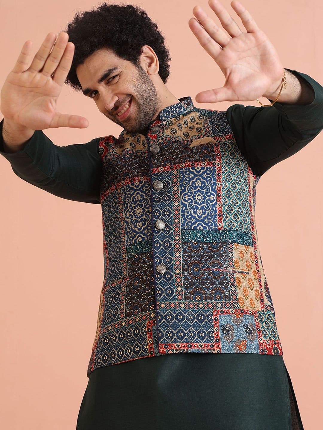 KISAH Men Woven Design Mandarin Collar Printed Nehru Jacket - view 1