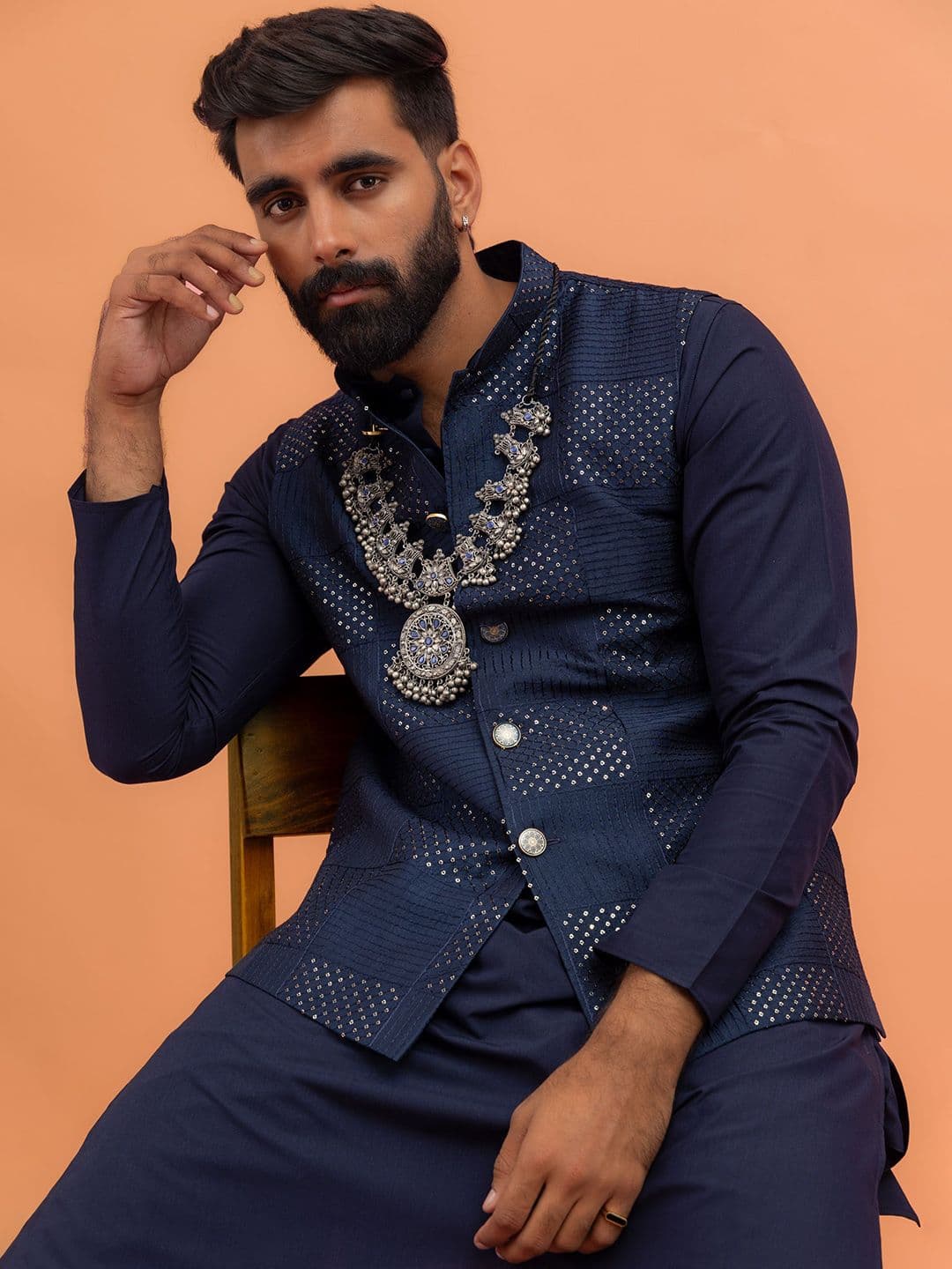 KISAH Men Mandarin Collar Embroidered Nehru Jacket - view 1