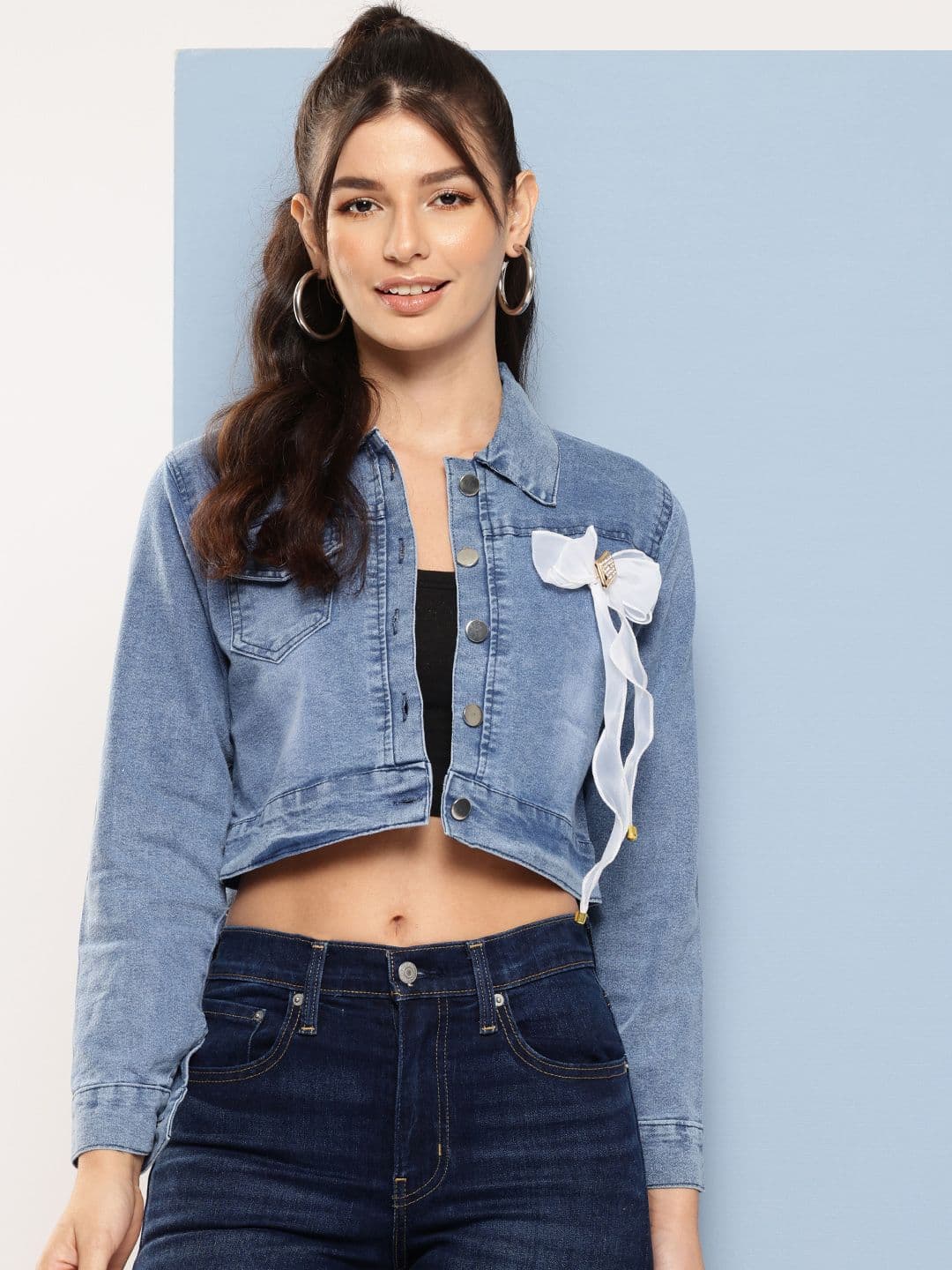 Aarika Washed Cropped Denim Jacket with Bow Detail - view 1