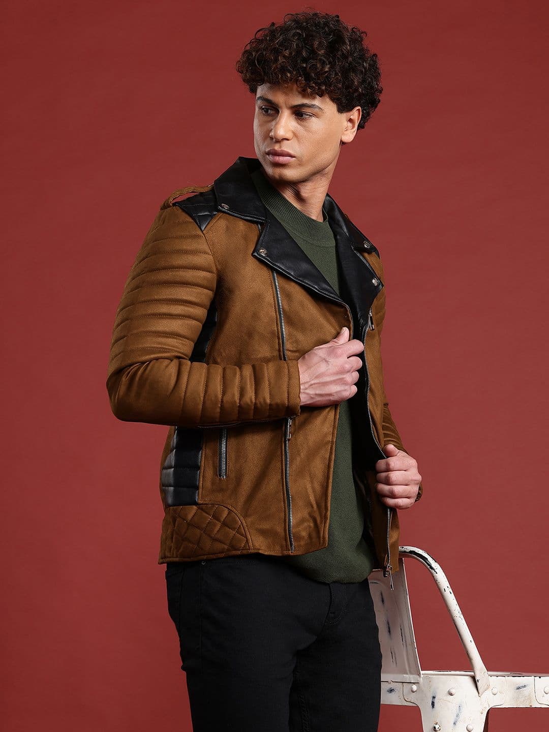 Leather Retail Contrast Collar Suede Biker Jacket with Quilted Detail - view 1