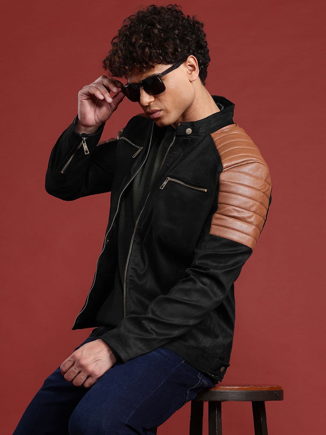 Leather Retail Contrast Shoulder Suede Biker Jacket With Quilted Detail - view 1