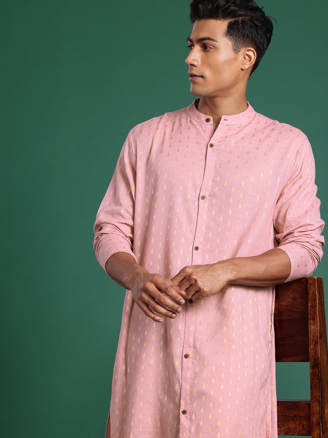 Sangria Ethnic Motifs Woven Design Band Collar Pure Cotton Straight Kurta - view 1