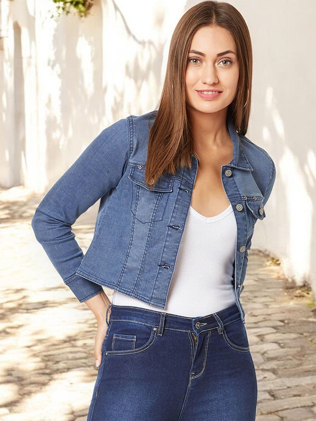 Miss Chase Women Crop Denim Jacket with Patchwork - view 1