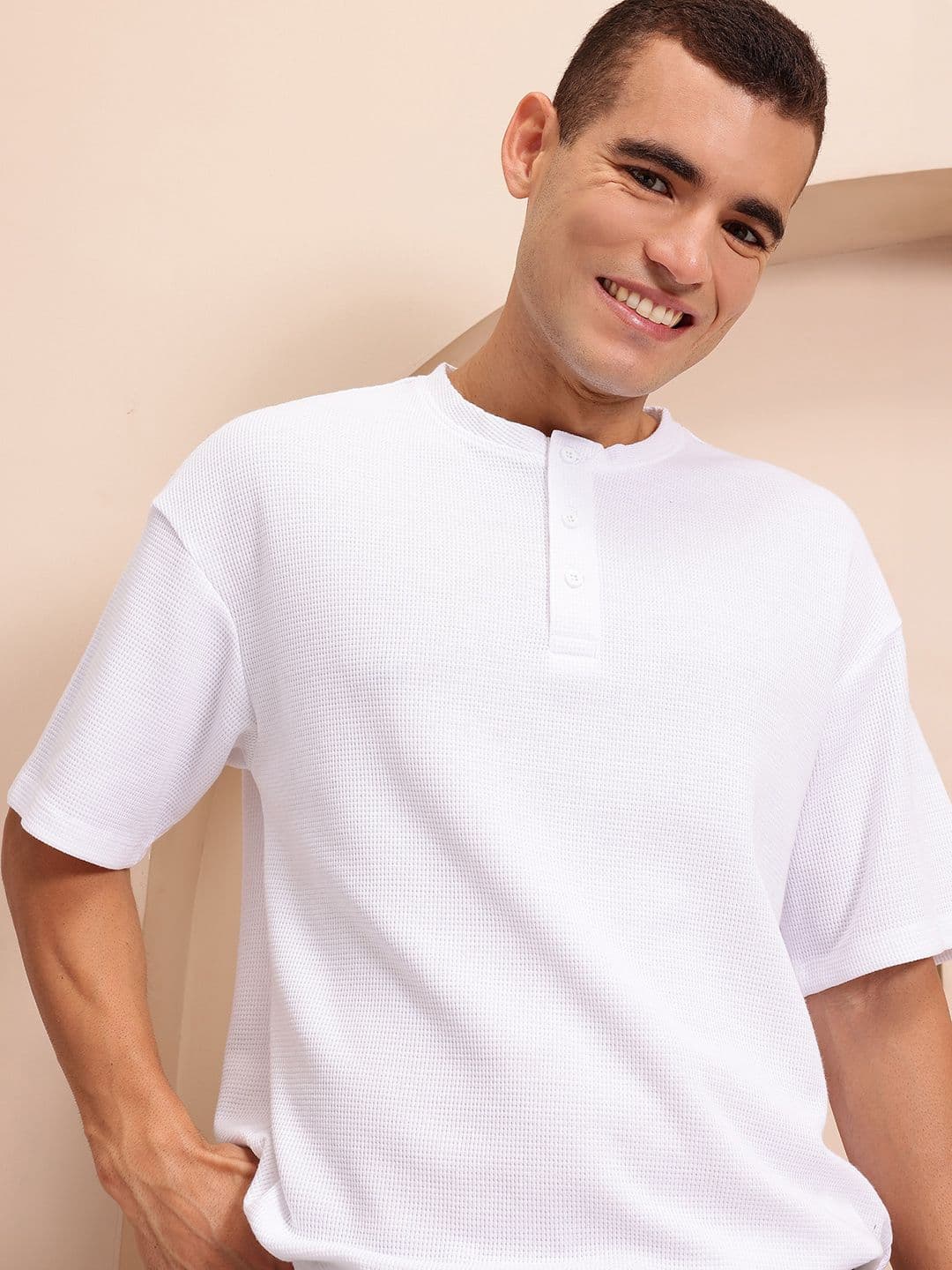 Mast & Harbour Waffle Knit Henley Neck Drop-Shoulder Sleeves Oversized T-shirt - view 1