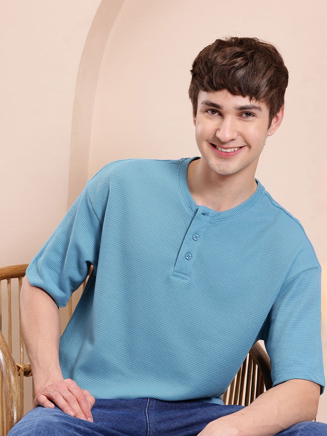 Mast & Harbour Waffle Knit Henley Neck Drop-Shoulder Sleeves Oversized T-shirt - view 1