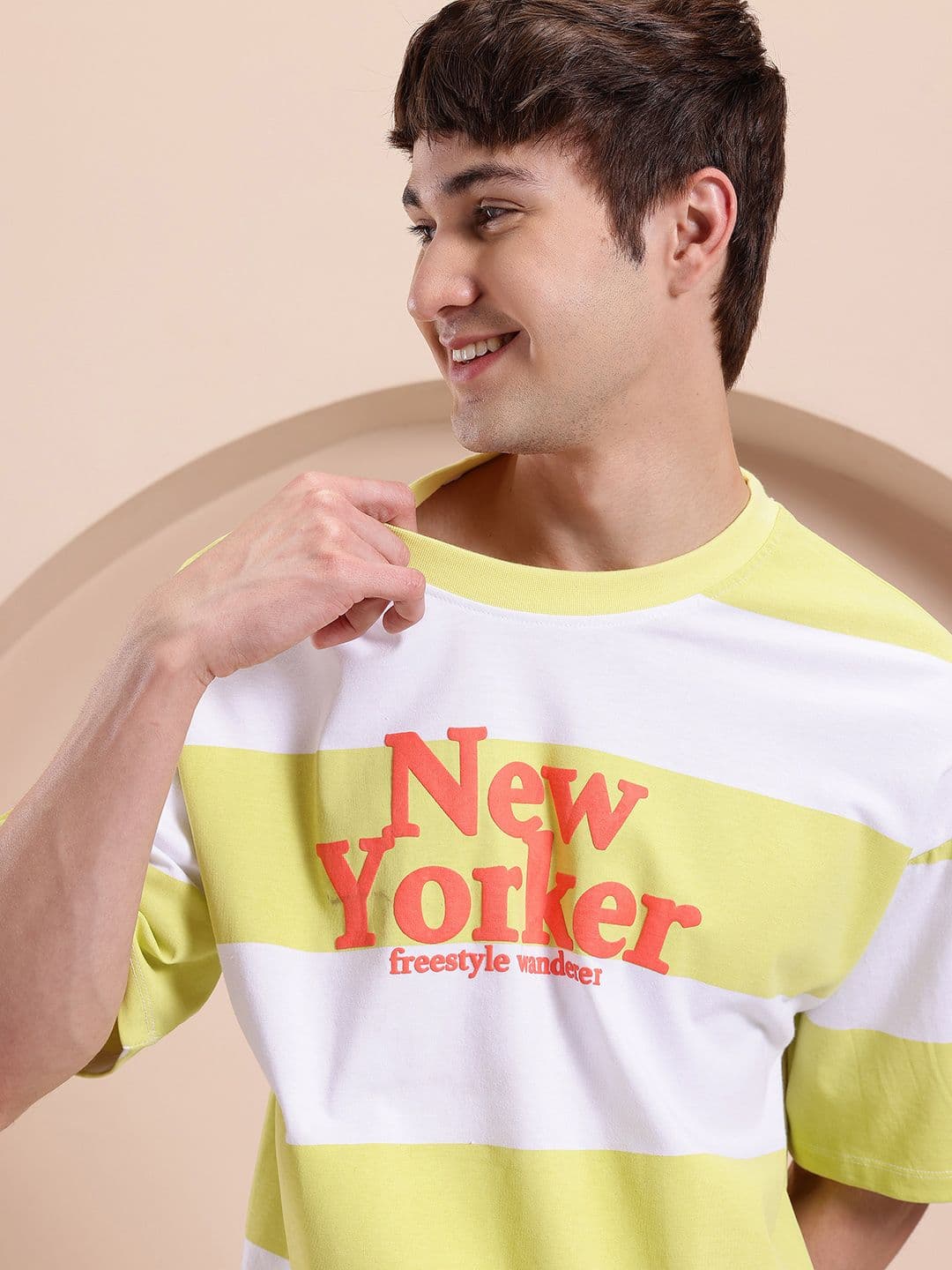 Mast & Harbour Horizontally Striped Drop-Sleeves Oversized T-shirt with Typography Detail - view 1