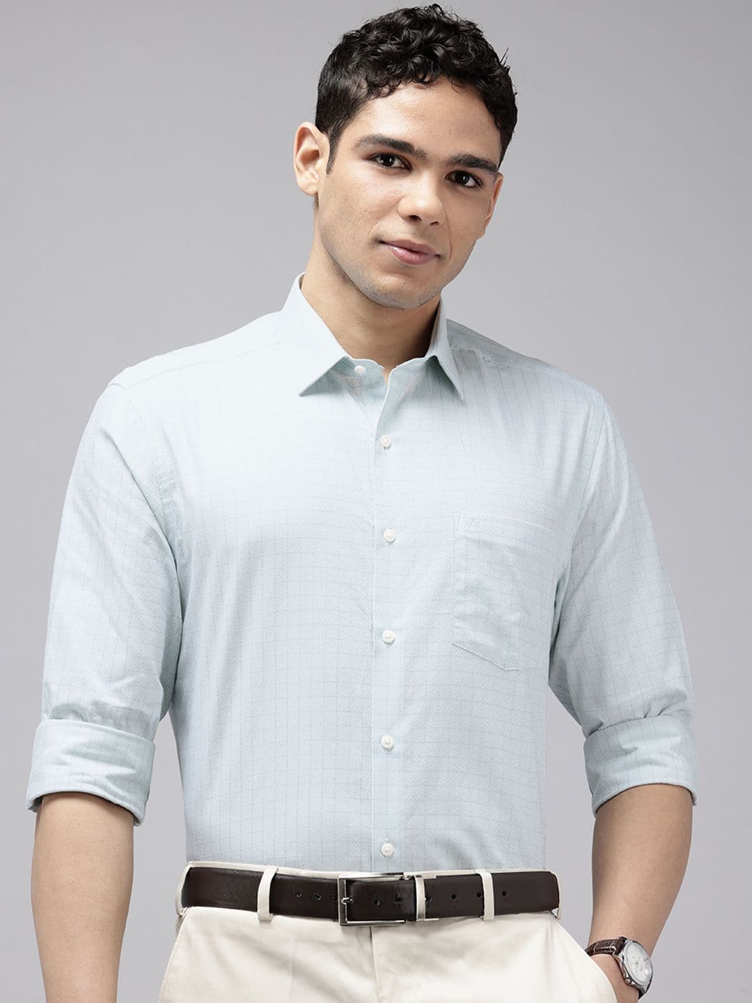 Arrow Manhattan Slim Fit Self Design Textured Checked Pure Cotton Formal Shirt - view 1