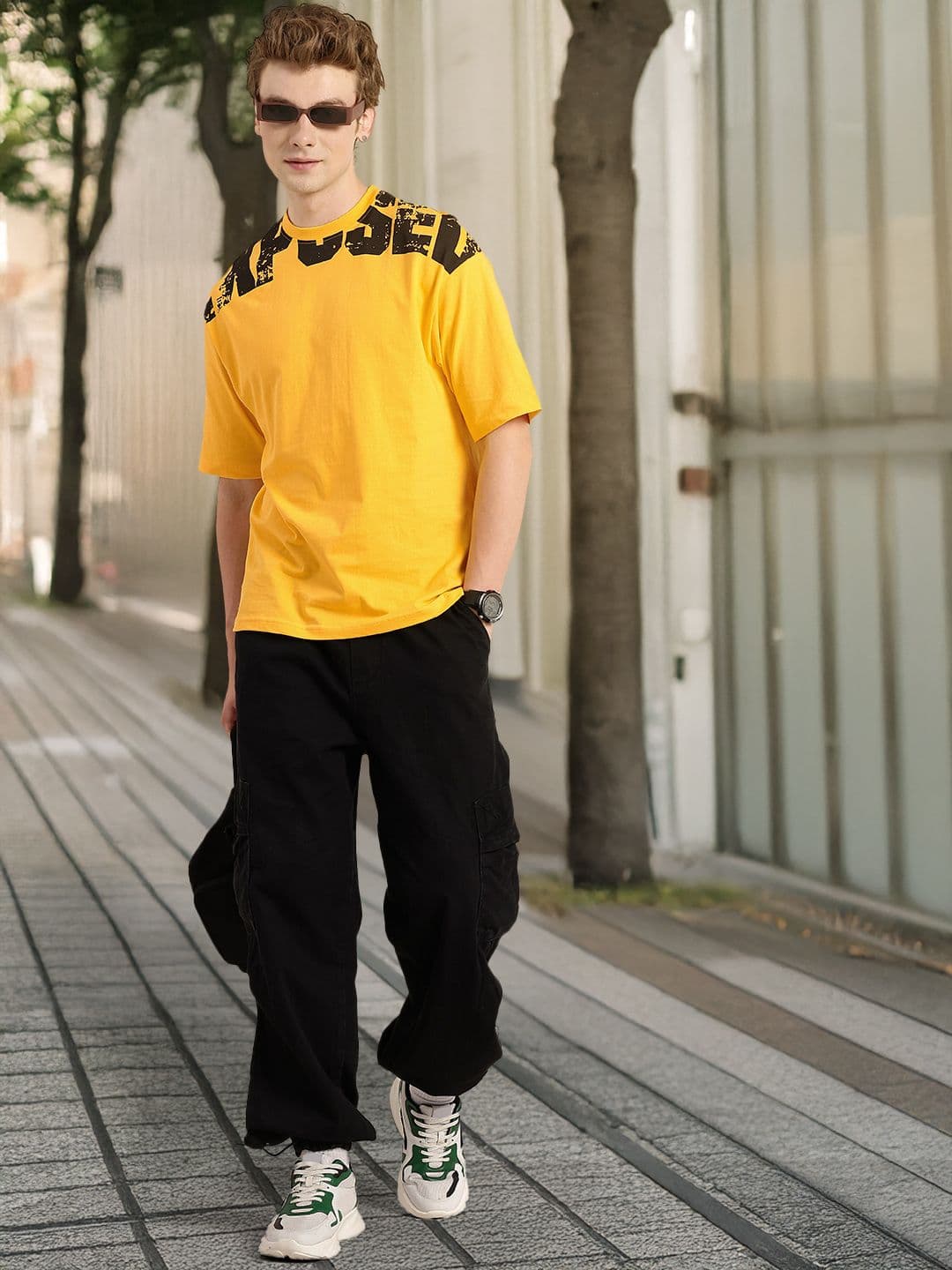 HERE&NOW Pure Cotton Typography Printed Drop-Shoulder Sleeves Oversized Fit T-shirt - view 1