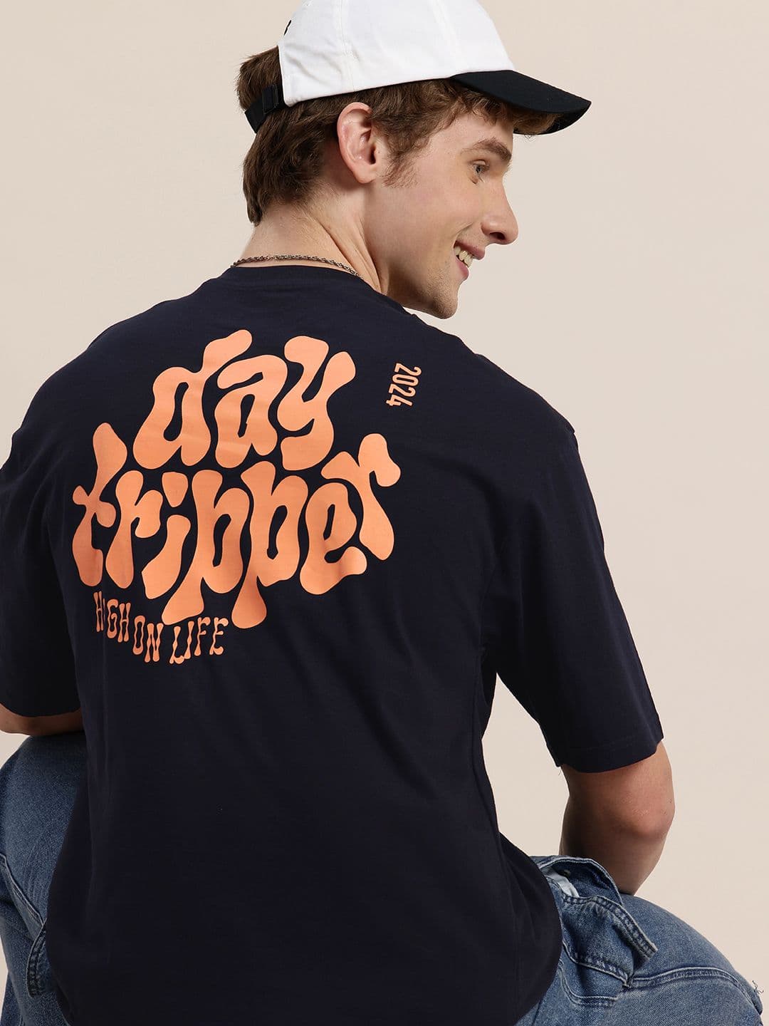 HERE&NOW Pure Cotton Typography Printed Drop-Shoulder Sleeves Relaxed Fit T-shirt - view 1