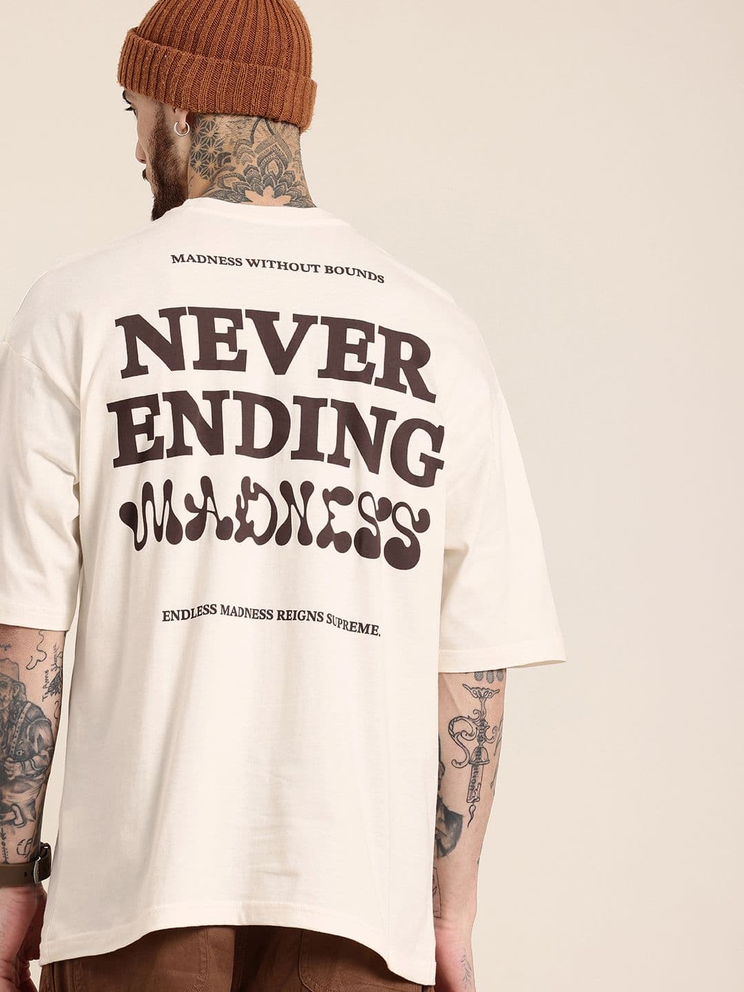 HERE&NOW Pure Cotton Typography Printed Drop-Shoulder Sleeves Oversized Fit T-shirt - view 1