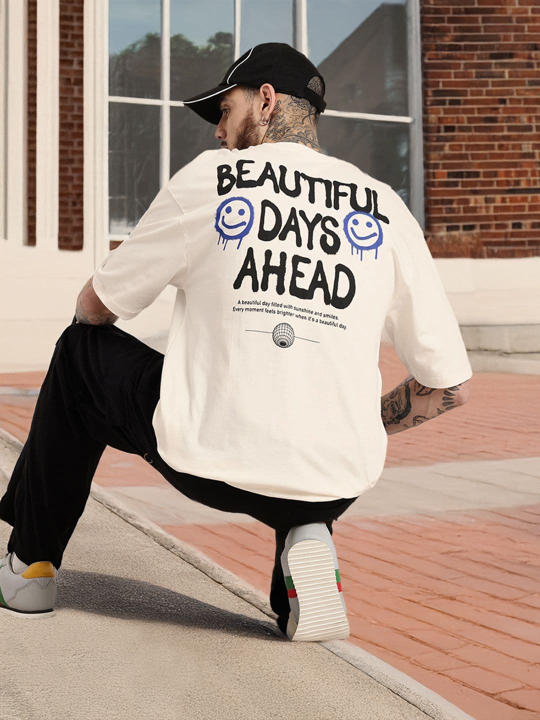 HERE&NOW Typography Printed Drop-Shoulder Sleeves Oversized Fit Pure Cotton T-shirt - view 1