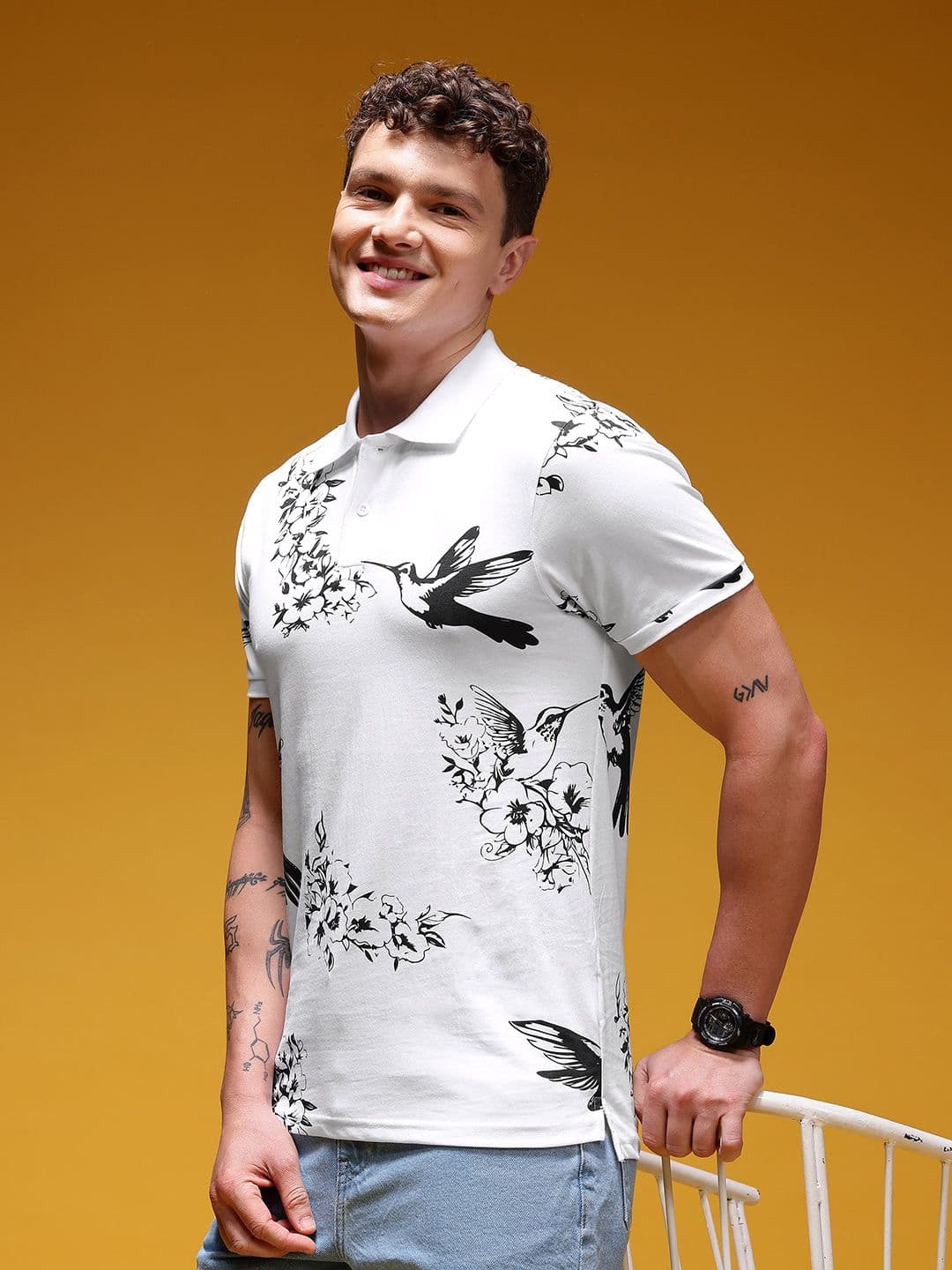 HERE&NOW Men Printed Polo Collar Pure Cotton T-shirt - view 1